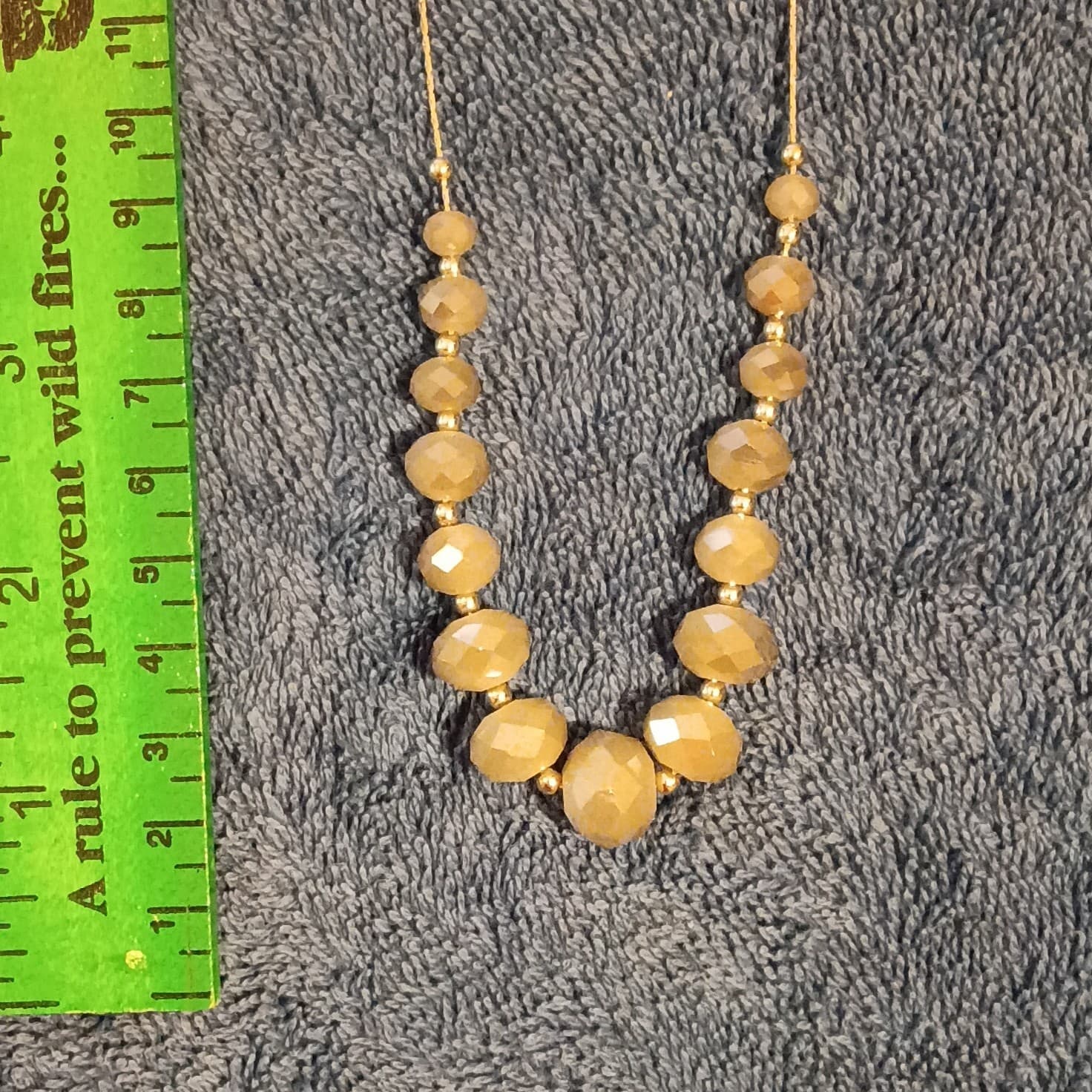 Gold Tone Adjustable Necklace & Earrings Set with Beige Round Beads - Thumbnail 2
