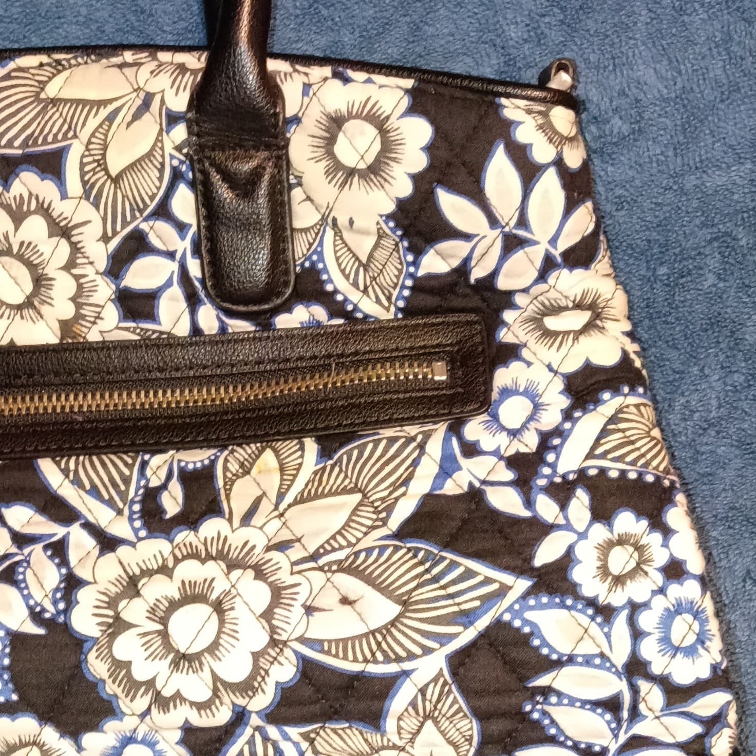 Vera Bradley Floral Satchel Top Handle Zip Closure Pockets Black Blue White - Thumbnail 4