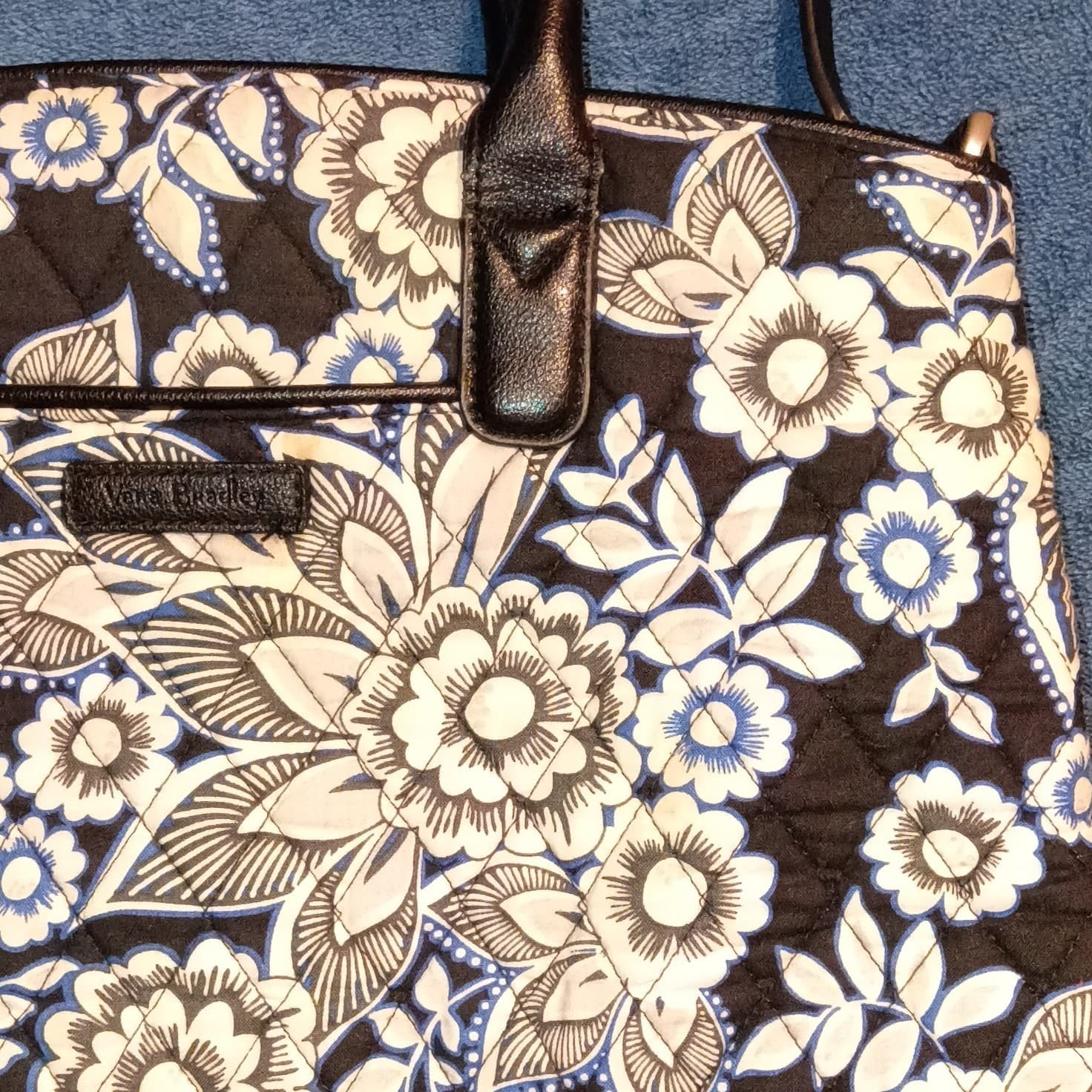 Vera Bradley Floral Satchel Top Handle Zip Closure Pockets Black Blue White - Thumbnail 9