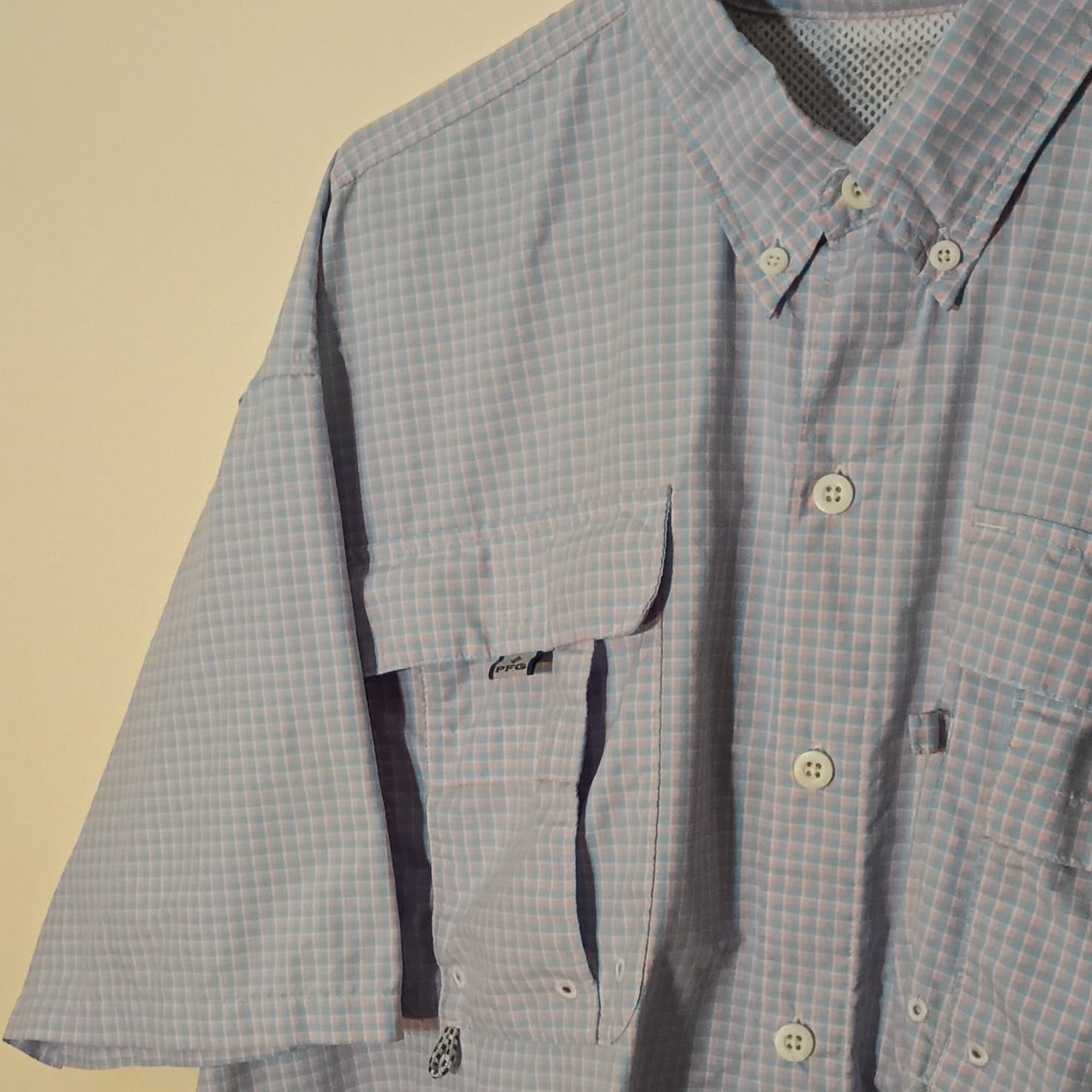 Columbia PFG Super Bahama Mens Short Sleeve Button-Down Check Shirt Blue Pink - Thumbnail 8