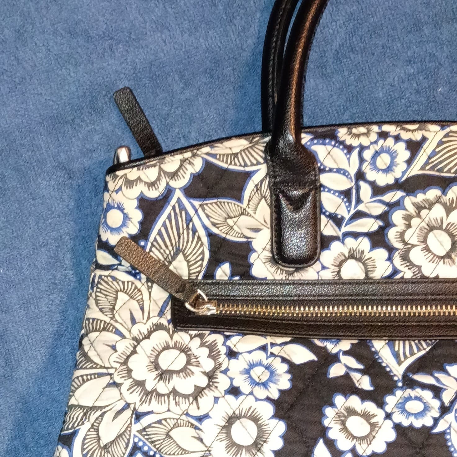 Vera Bradley Floral Satchel Top Handle Zip Closure Pockets Black Blue White - Thumbnail 7