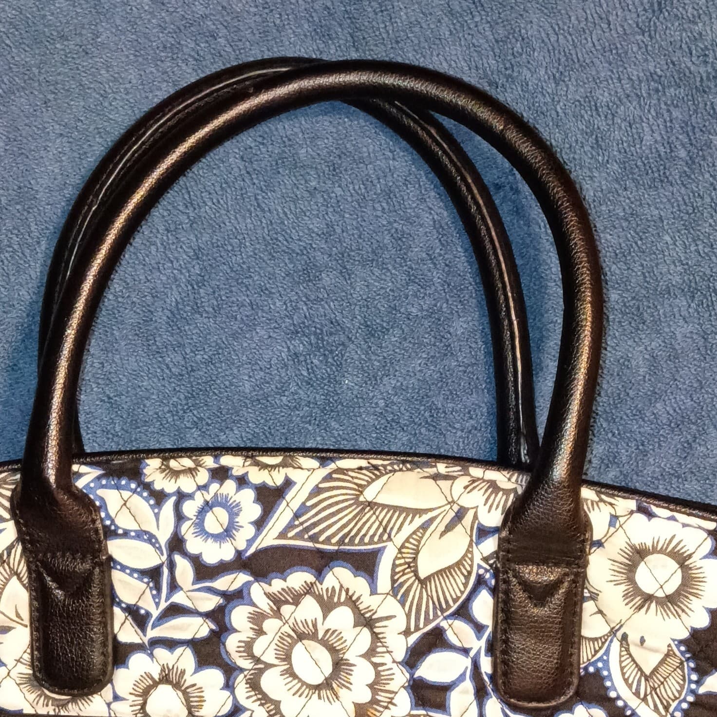 Vera Bradley Floral Satchel Top Handle Zip Closure Pockets Black Blue White - Thumbnail 3