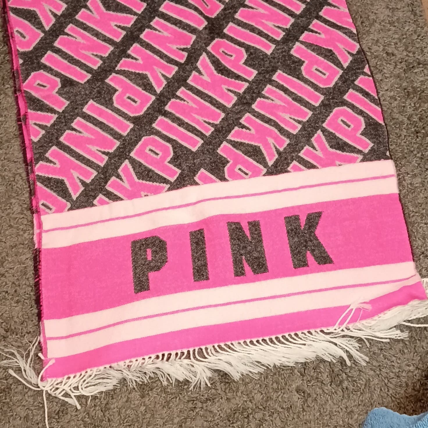 pink scarf /light blanket color pink white black with fringe accent - Thumbnail 2