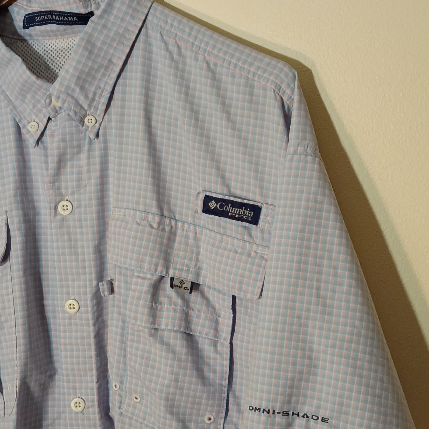 Columbia PFG Super Bahama Mens Short Sleeve Button-Down Check Shirt Blue Pink - Thumbnail 9