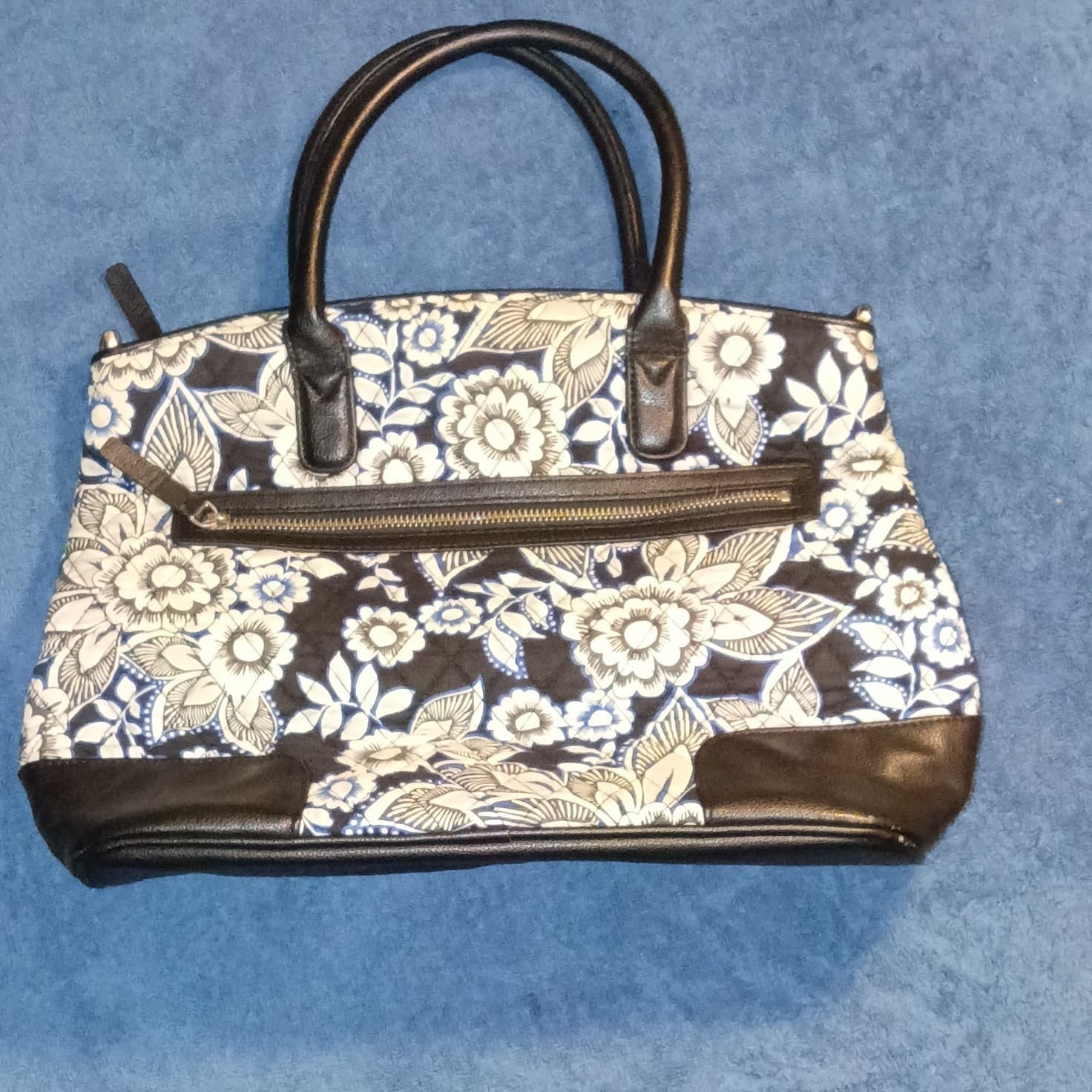 Vera Bradley Floral Satchel Top Handle Zip Closure Pockets Black Blue White - Thumbnail 2