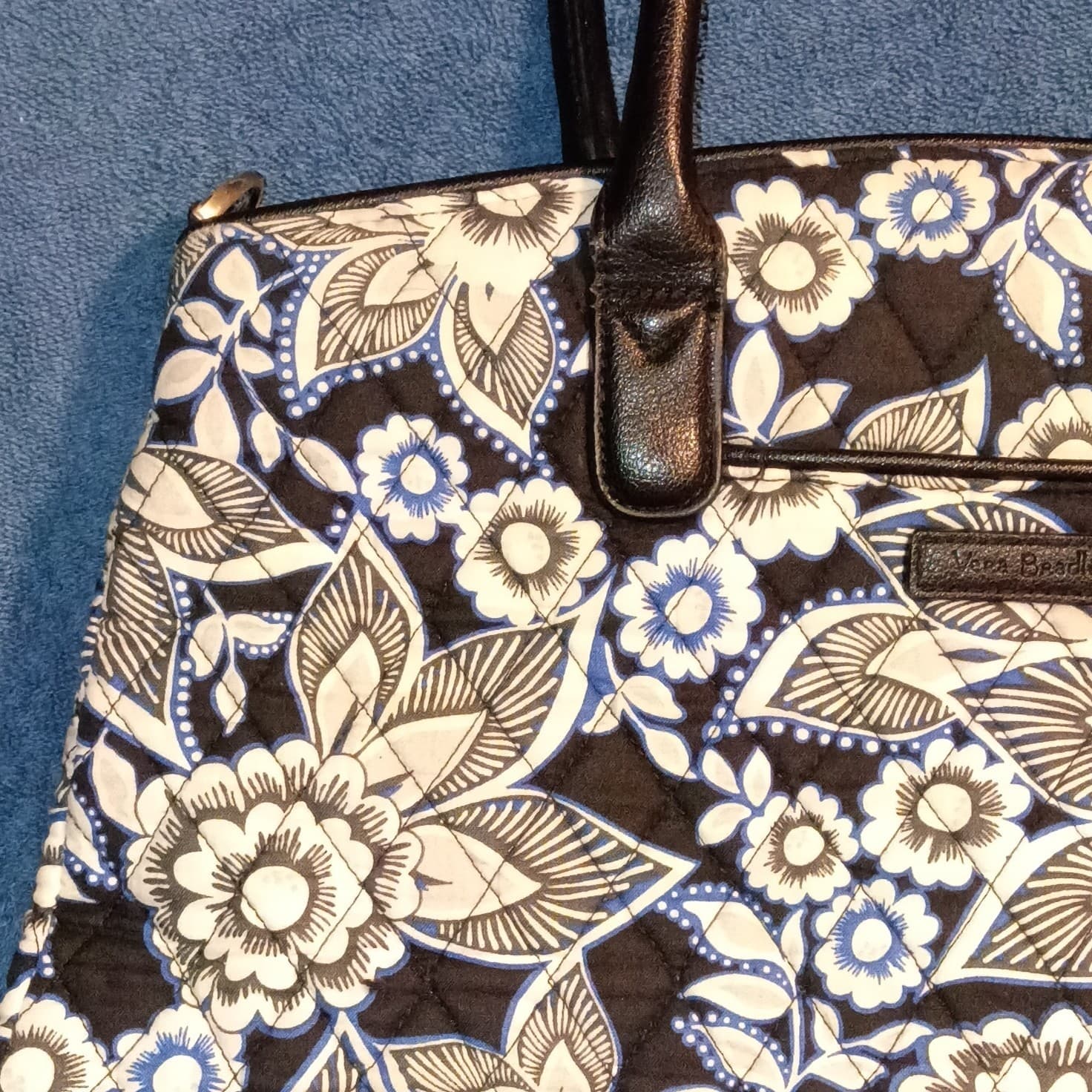 Vera Bradley Floral Satchel Top Handle Zip Closure Pockets Black Blue White - Thumbnail 8