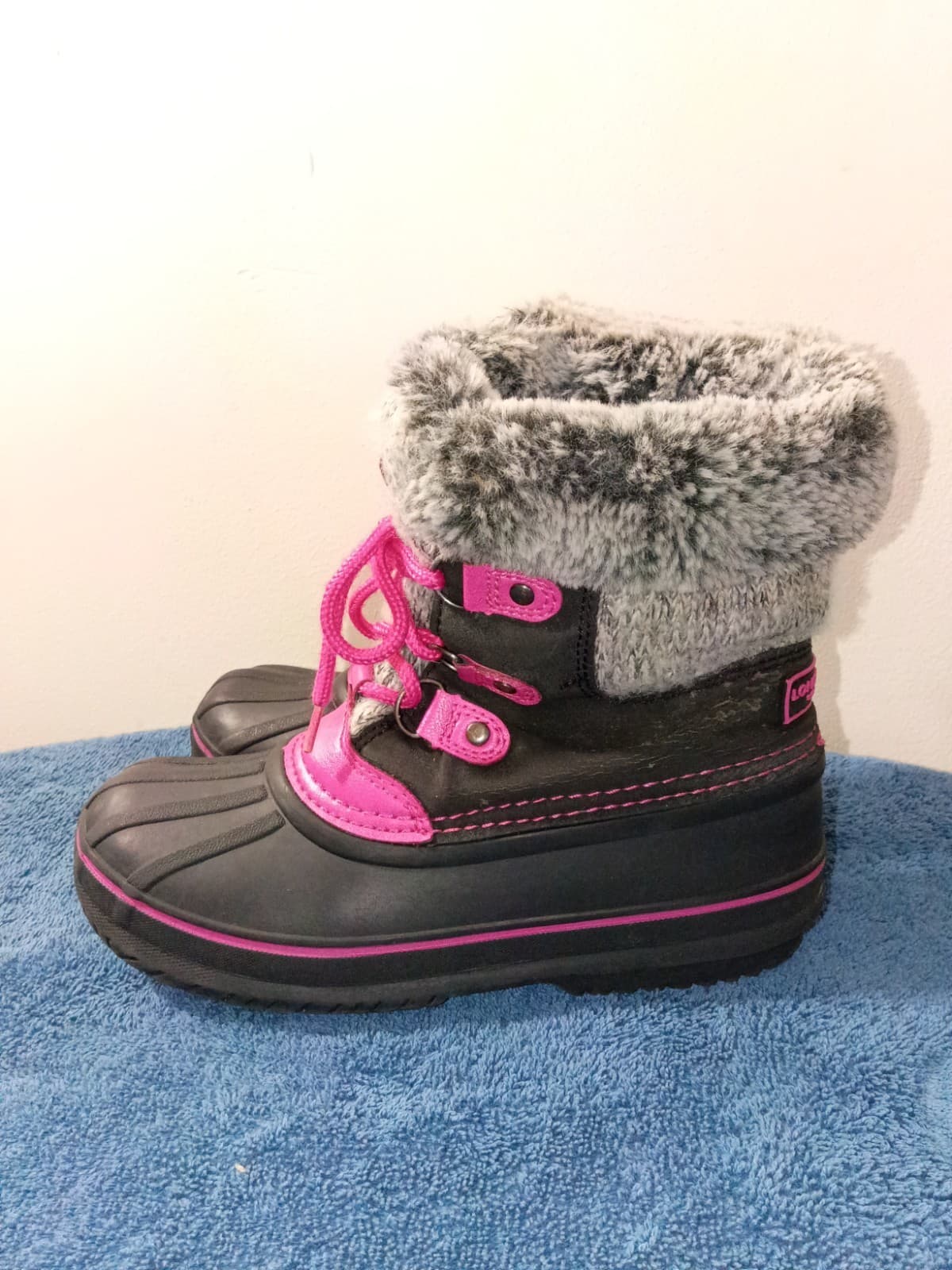 London Fog Girls Ankle Snow Boots Lined Faux Fur Lace-Up Black/Pink/Gray Sz 2 - Thumbnail 2