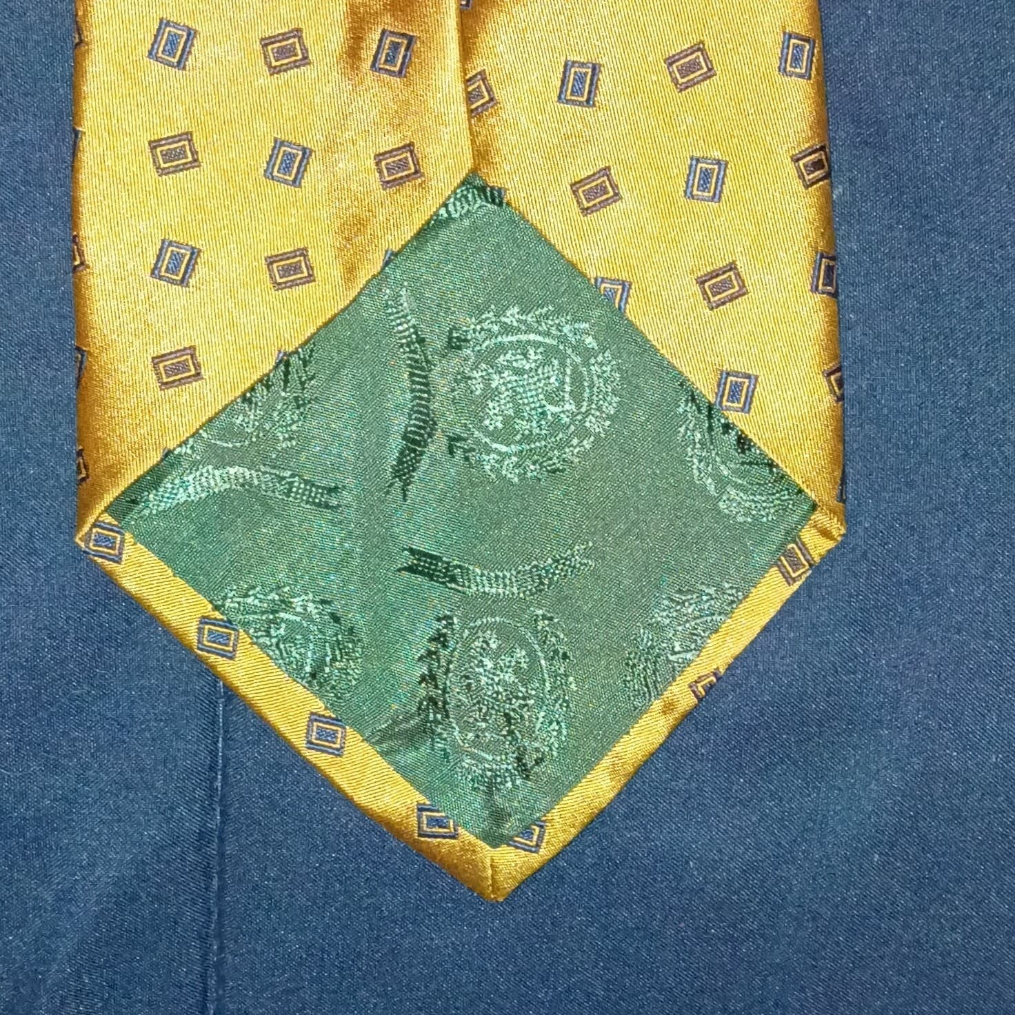 Tommy Hilfiger Men’s Woven Silk Tie Gold, Blue, Green & Black Geometric - Thumbnail 2