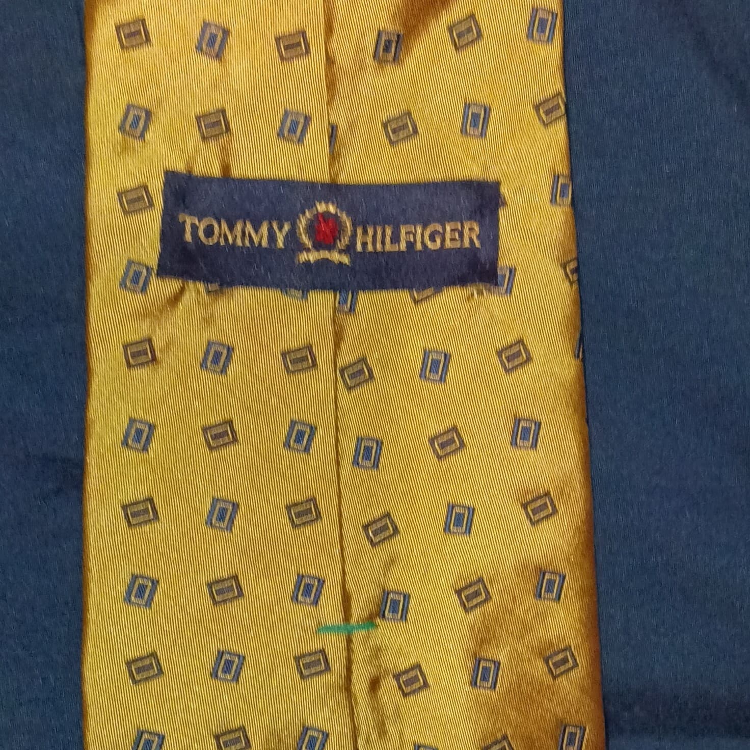 Tommy Hilfiger Men’s Woven Silk Tie Gold, Blue, Green & Black Geometric - Thumbnail 3