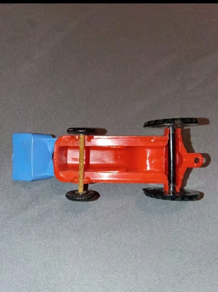 vintage Plastic Toy Farm Tractor Vehicle w/ Front Loader Scoop, Red/Blue/Black - Thumbnail 4
