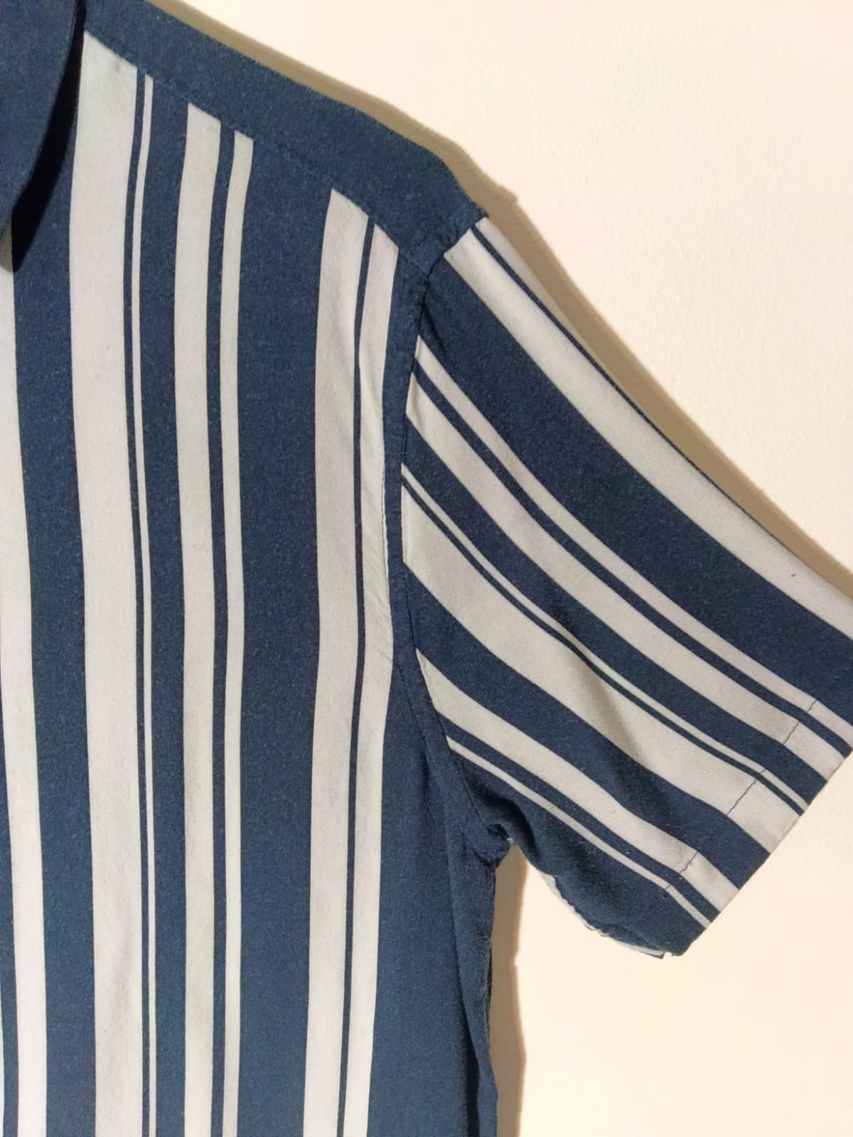 NUON Mens M Short Sleeve Button-Up Blue White Striped Woven Viscose Relaxed - Thumbnail 3
