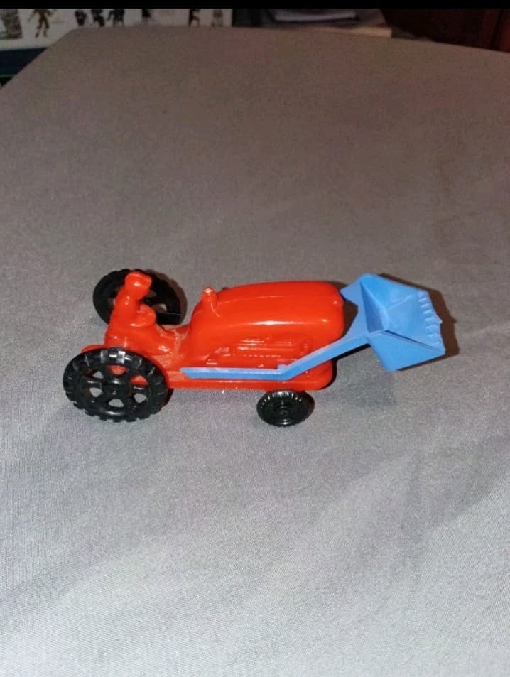 vintage Plastic Toy Farm Tractor Vehicle w/ Front Loader Scoop, Red/Blue/Black
