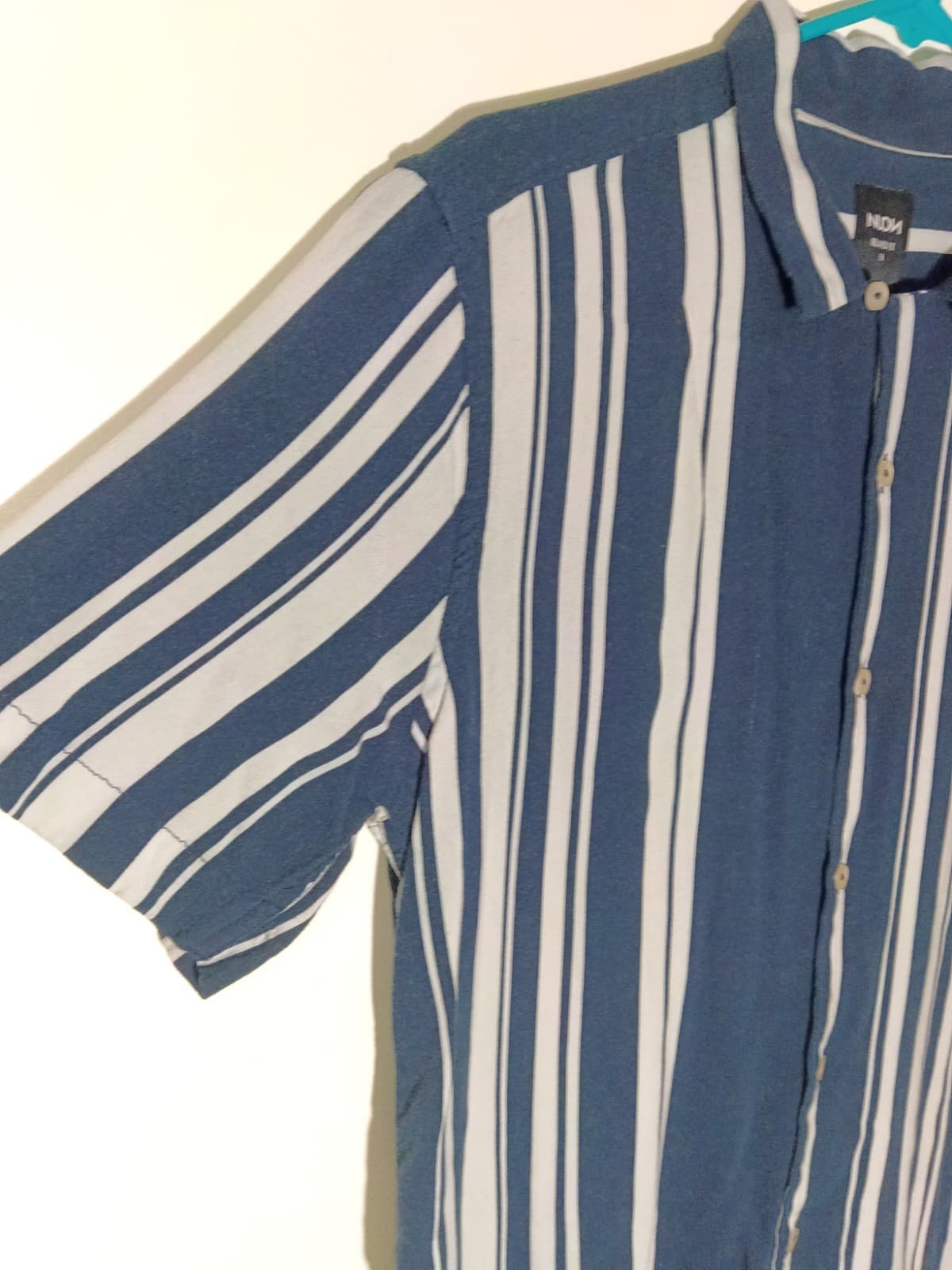 NUON Mens M Short Sleeve Button-Up Blue White Striped Woven Viscose Relaxed - Thumbnail 5
