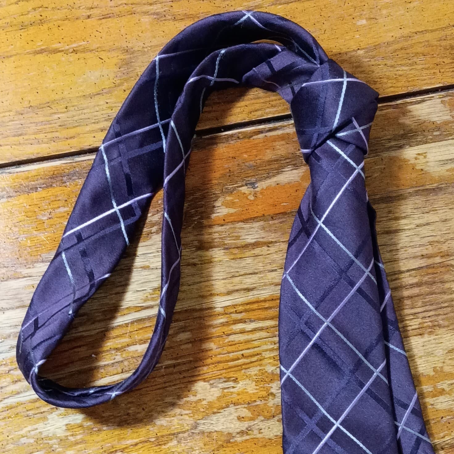 Express Design Studio Men’s Silk Tie Purple & Gray Plaid & Checks Logo Accent - Thumbnail 6