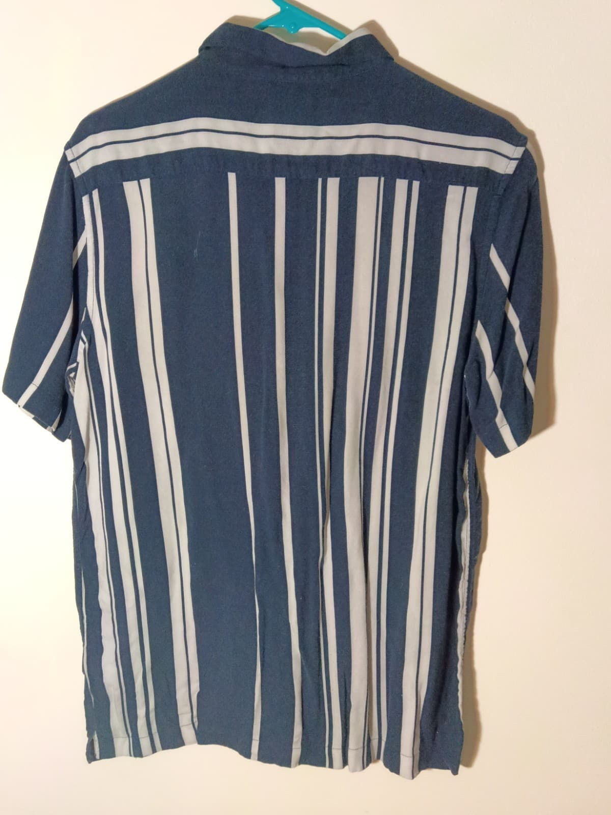 NUON Mens M Short Sleeve Button-Up Blue White Striped Woven Viscose Relaxed - Thumbnail 2