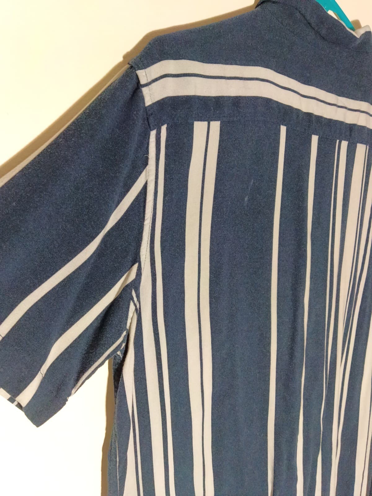 NUON Mens M Short Sleeve Button-Up Blue White Striped Woven Viscose Relaxed - Thumbnail 8
