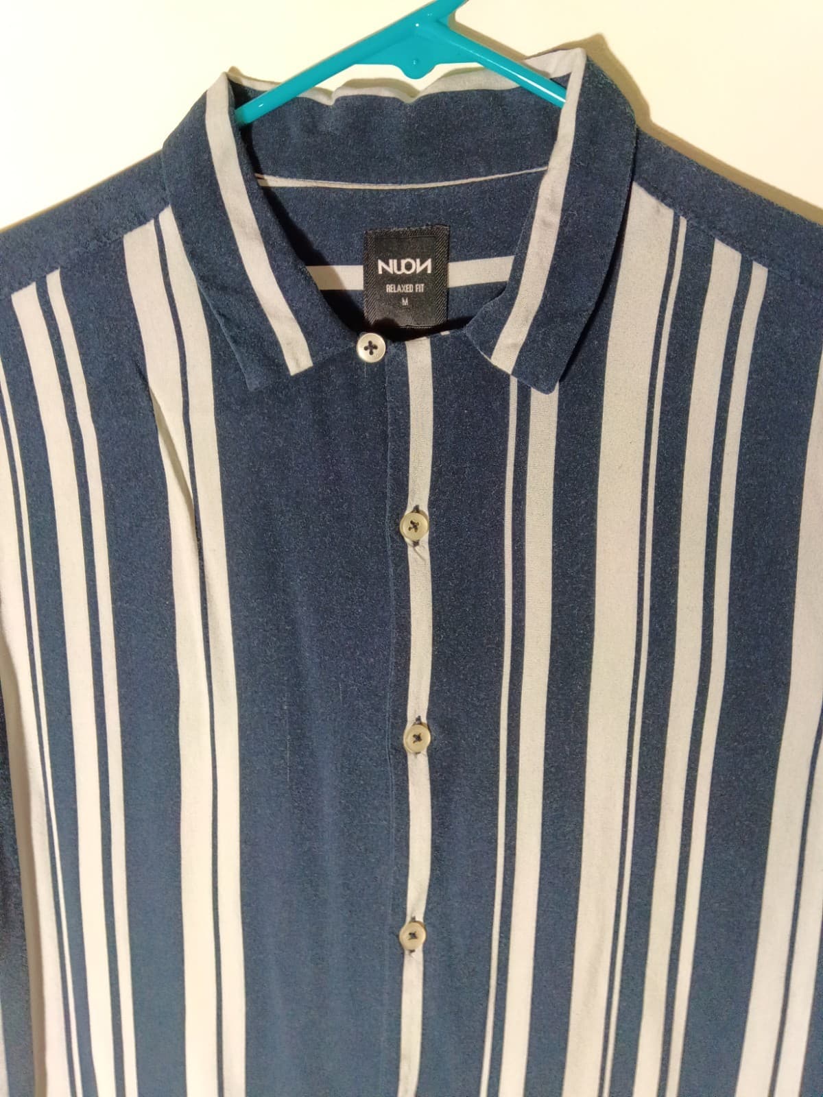 NUON Mens M Short Sleeve Button-Up Blue White Striped Woven Viscose Relaxed - Thumbnail 4
