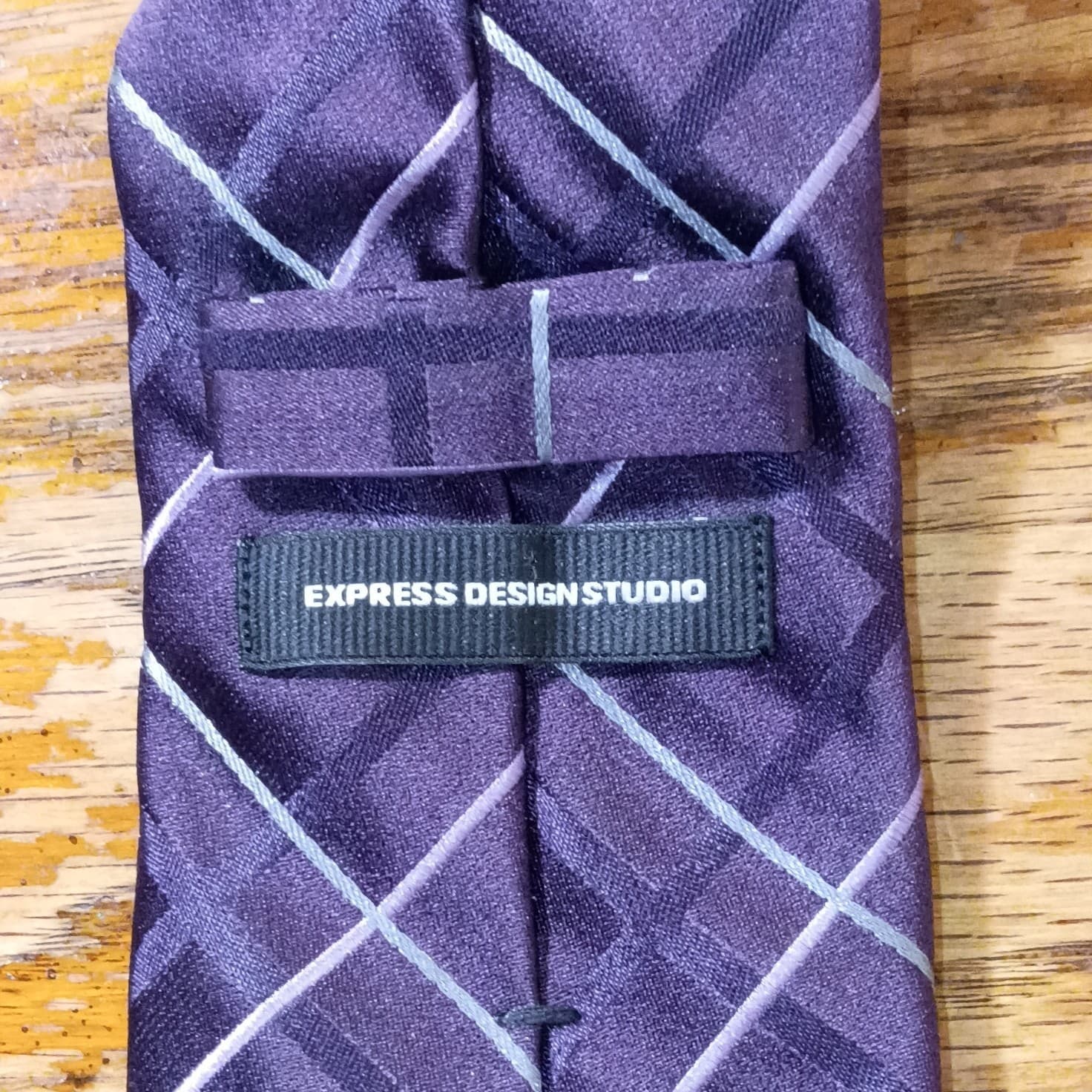 Express Design Studio Men’s Silk Tie Purple & Gray Plaid & Checks Logo Accent - Thumbnail 7