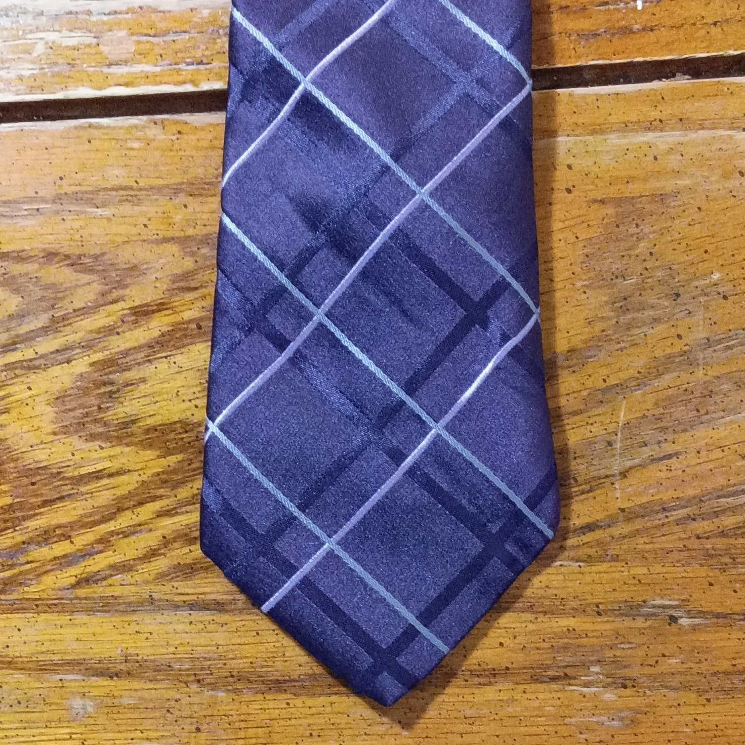 Express Design Studio Men’s Silk Tie Purple & Gray Plaid & Checks Logo Accent - Thumbnail 4