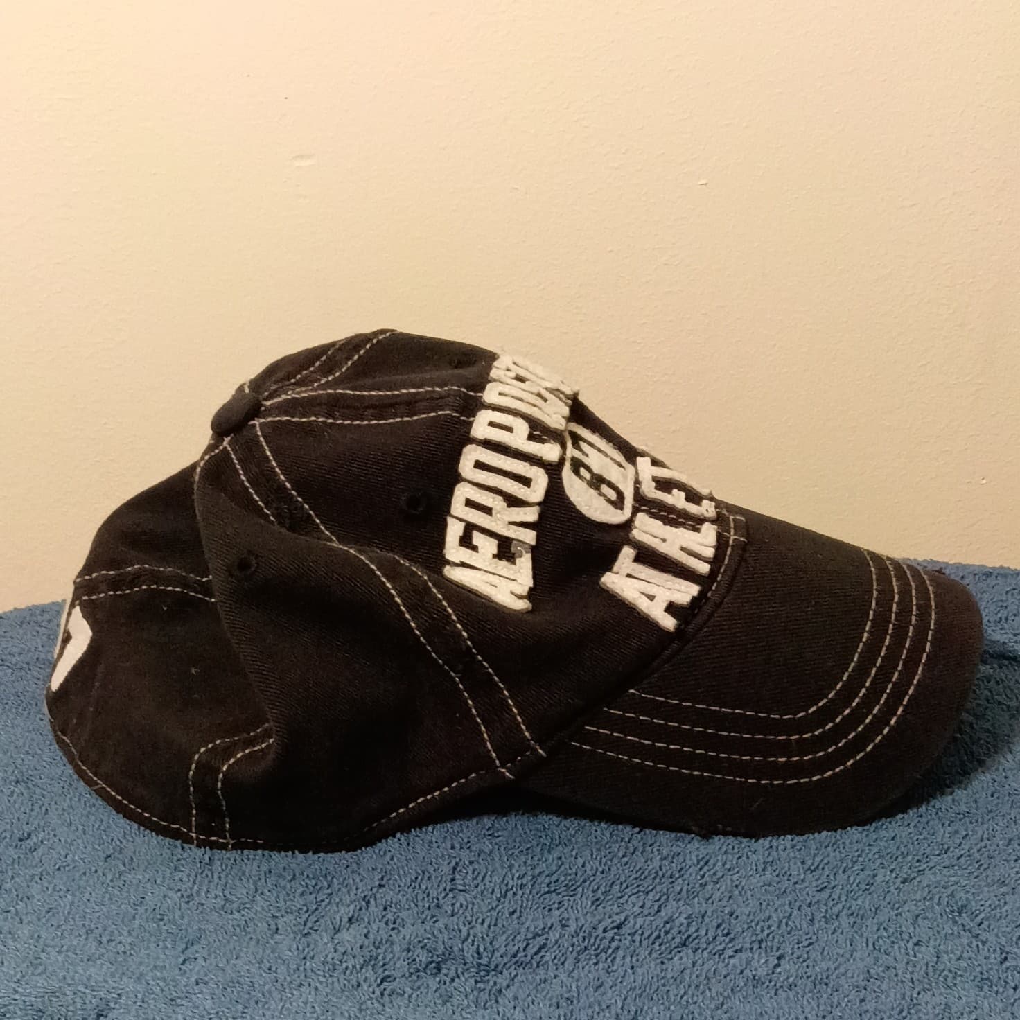 Aéropostale Athletics Logo Baseball Cap Hat Mens S/M Adjustable Black White - Thumbnail 2