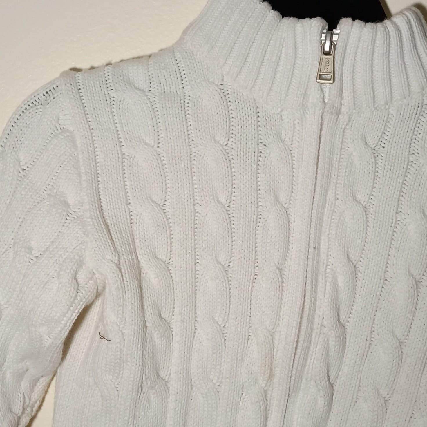 Ralph Lauren 24 Months White Cable-Knit Cotton Knit Full Zip Mock Neck Sweater - Thumbnail 3