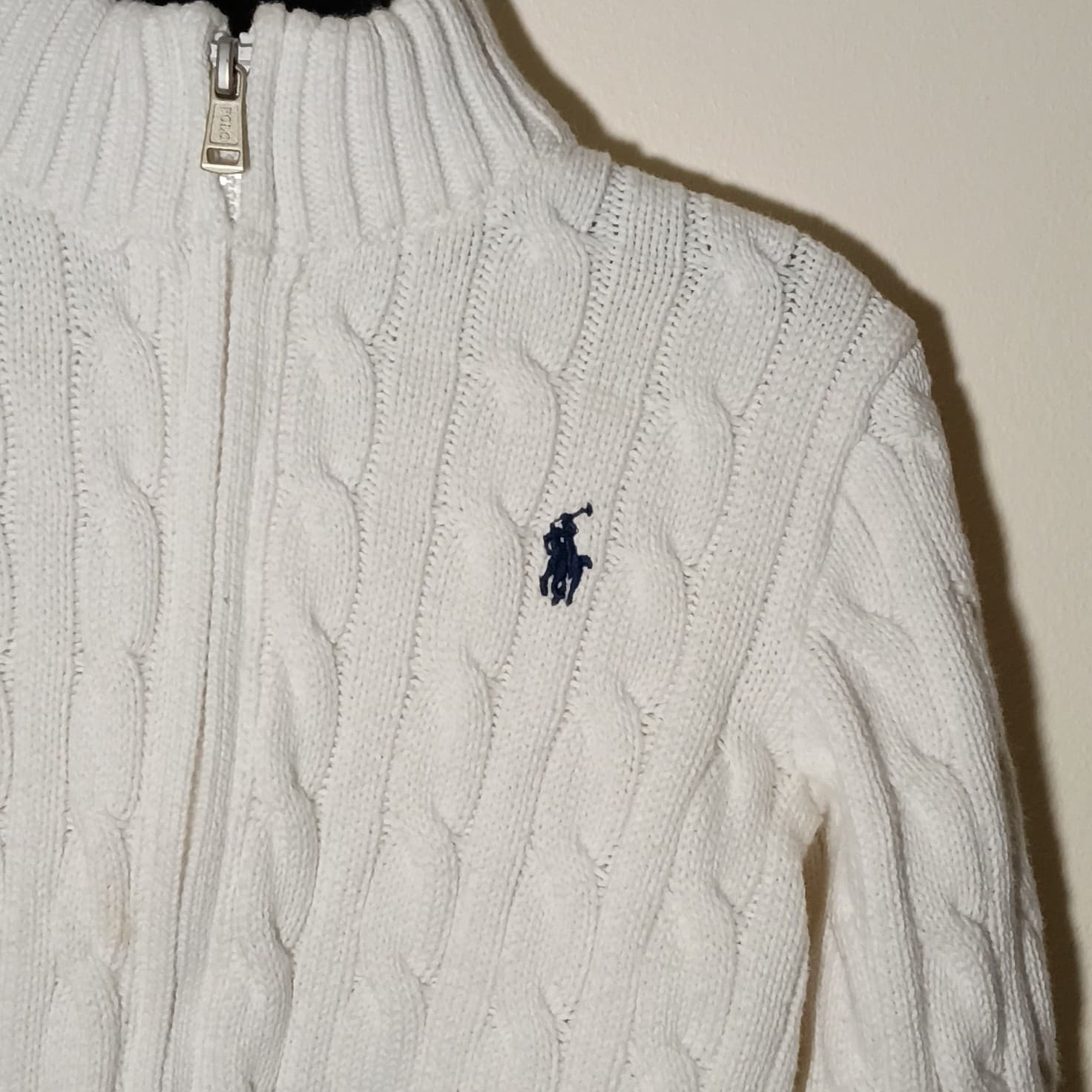 Ralph Lauren 24 Months White Cable-Knit Cotton Knit Full Zip Mock Neck Sweater - Thumbnail 2