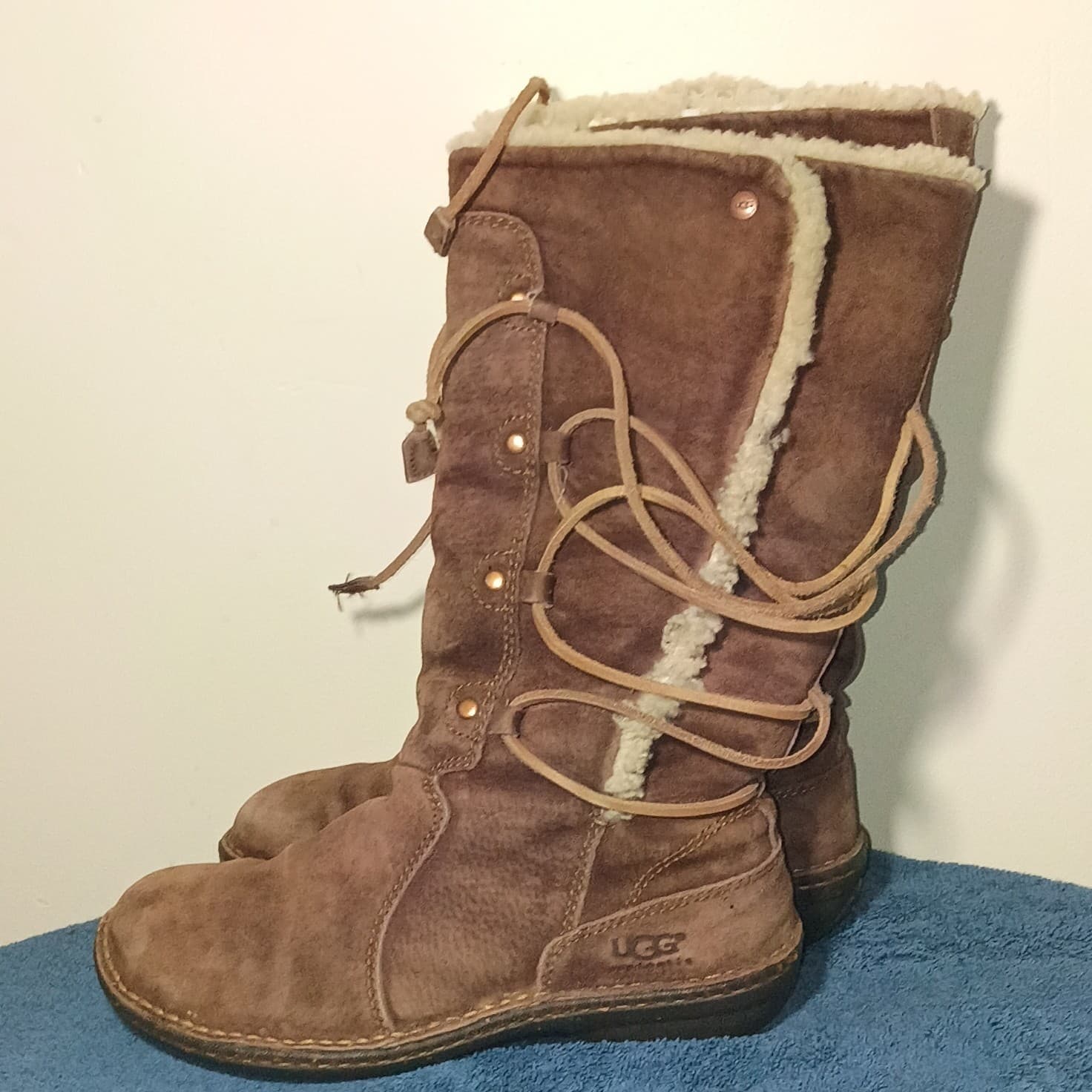 Womens Size 7 Ugg Australia Brown Leather Mid Calf Boots Lace Up Back - Thumbnail 5