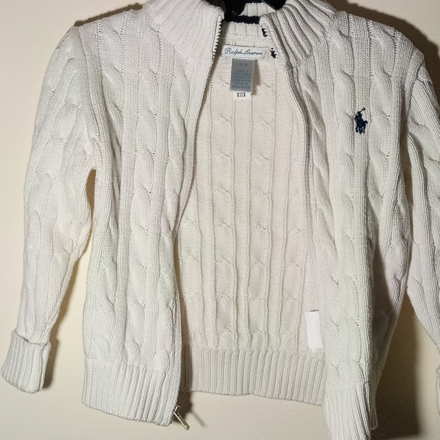 Ralph Lauren 24 Months White Cable-Knit Cotton Knit Full Zip Mock Neck Sweater - Thumbnail 9