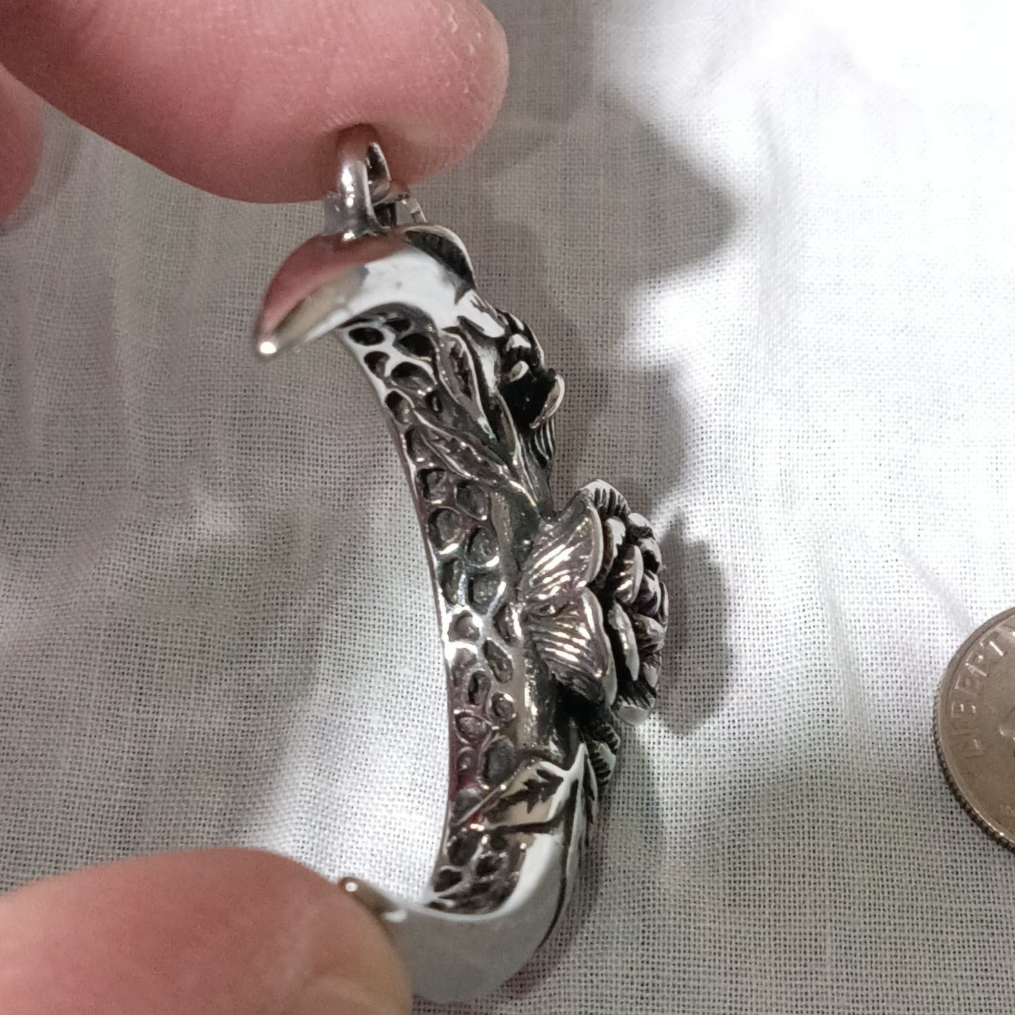Crescent Moon Rose Floral Pendant Charm ~1.5" Silver Tone Gothic Wiccan Jewelry - Thumbnail 3