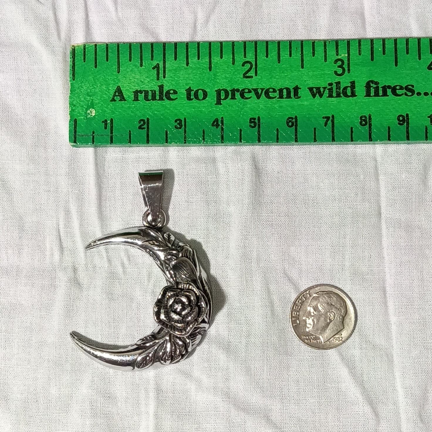 Crescent Moon Rose Floral Pendant Charm ~1.5" Silver Tone Gothic Wiccan Jewelry - Thumbnail 5