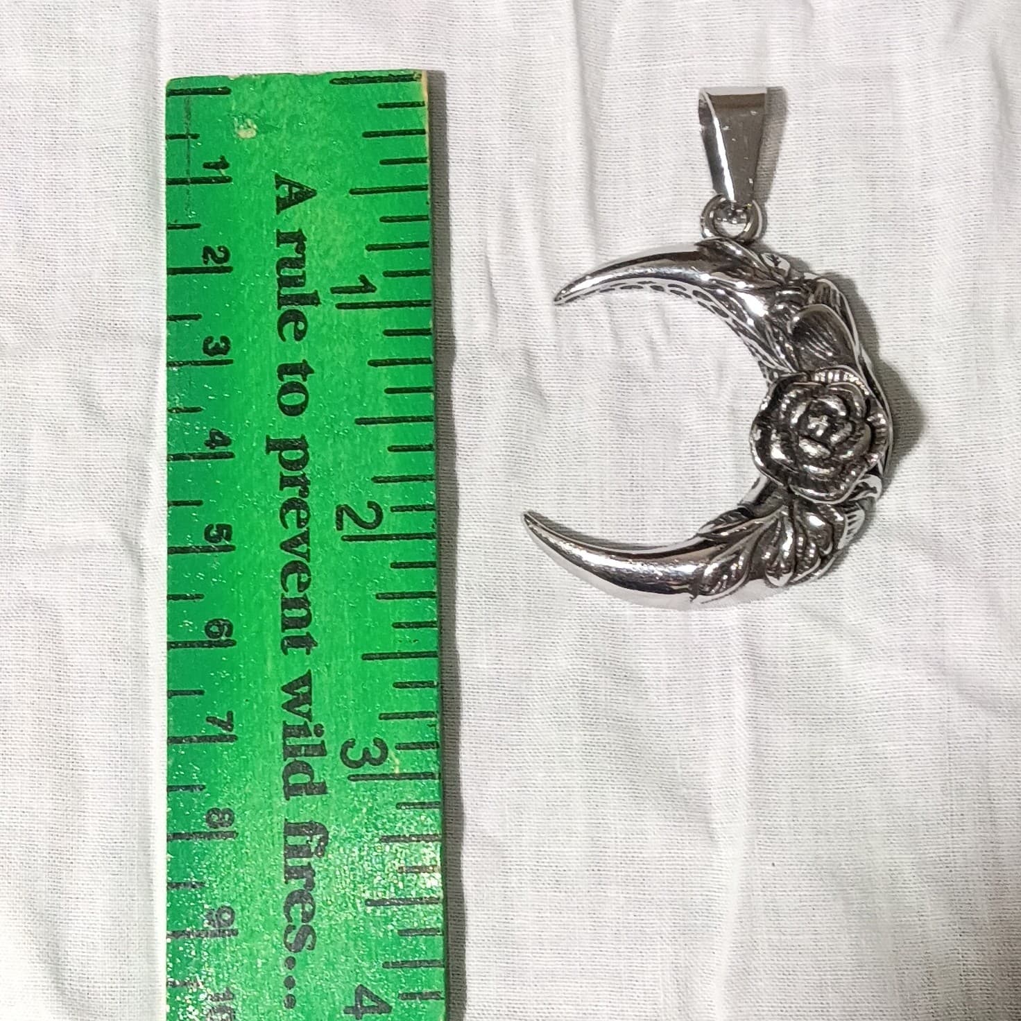 Crescent Moon Rose Floral Pendant Charm ~1.5" Silver Tone Gothic Wiccan Jewelry - Thumbnail 4