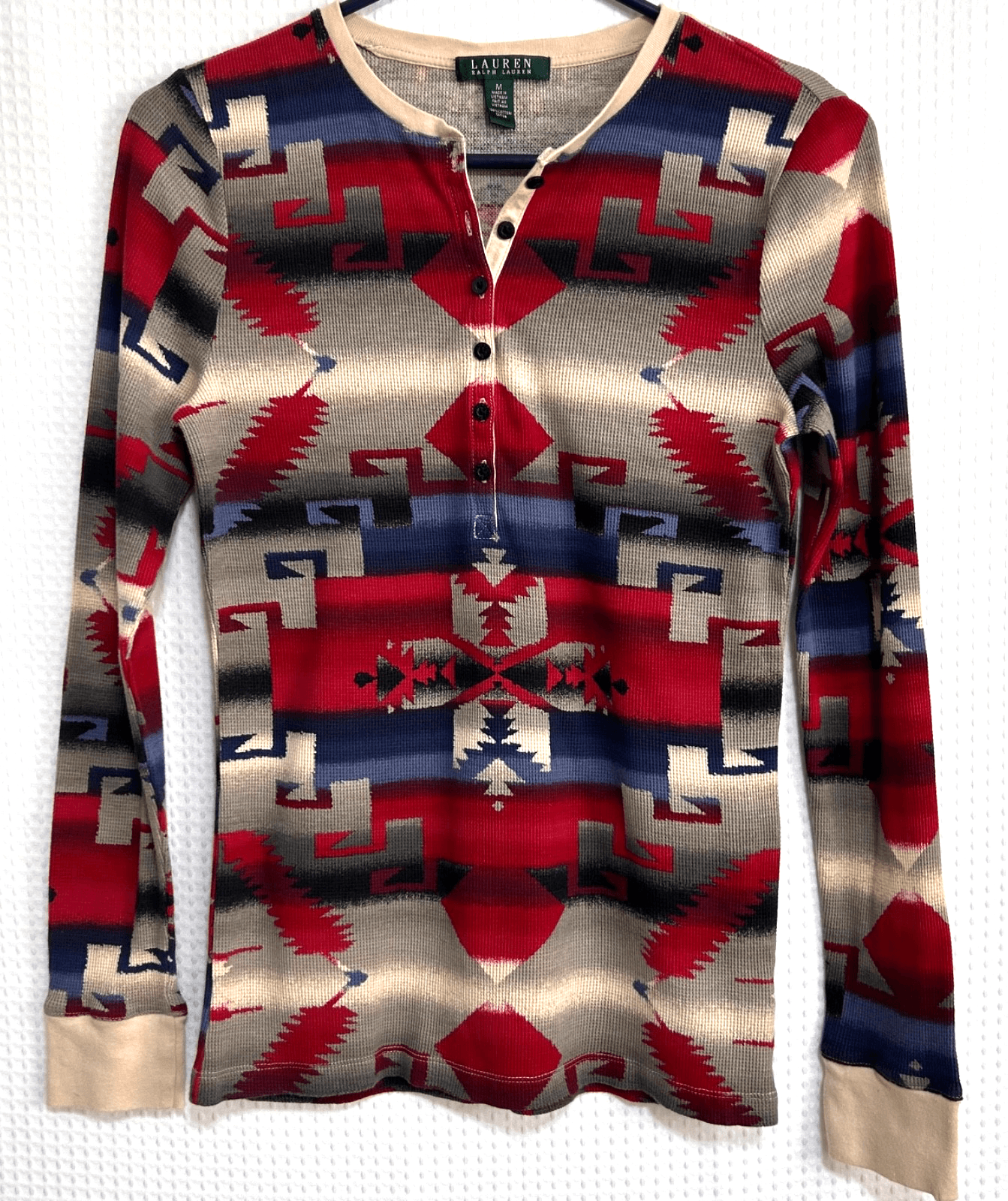 Ralph Lauren Shirt Womens size M Henley Aztec Geometric Southwestern Boho v - Thumbnail 9