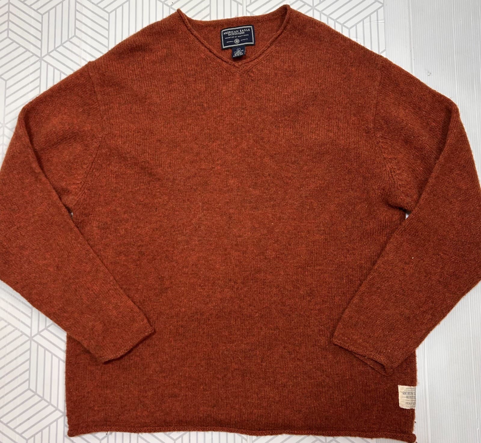 Vintage American Eagle Mens size L 100% Shetland Wool weater Rust Orange g - Thumbnail 9