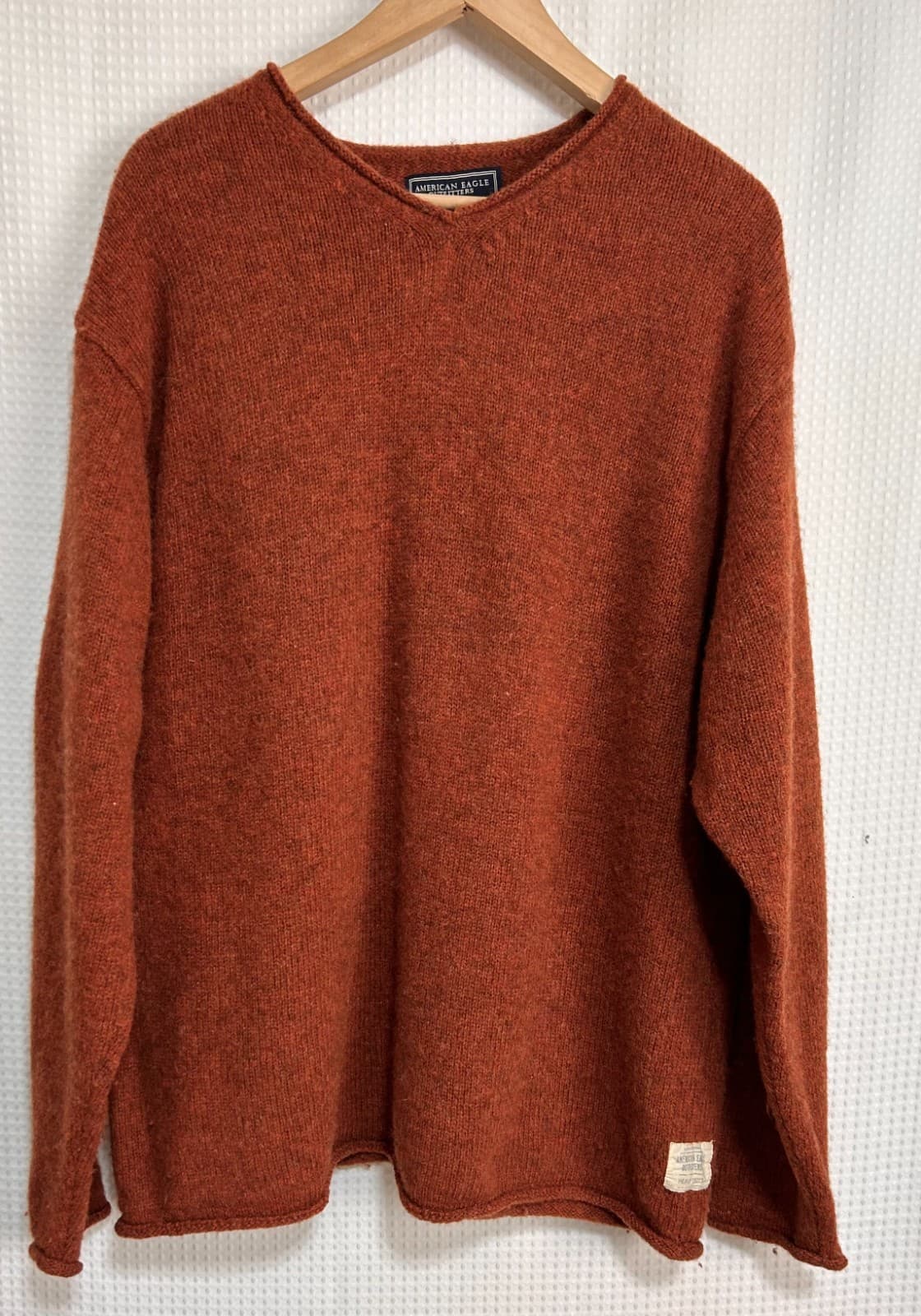 Vintage American Eagle Mens size L 100% Shetland Wool weater Rust Orange g - Thumbnail 11