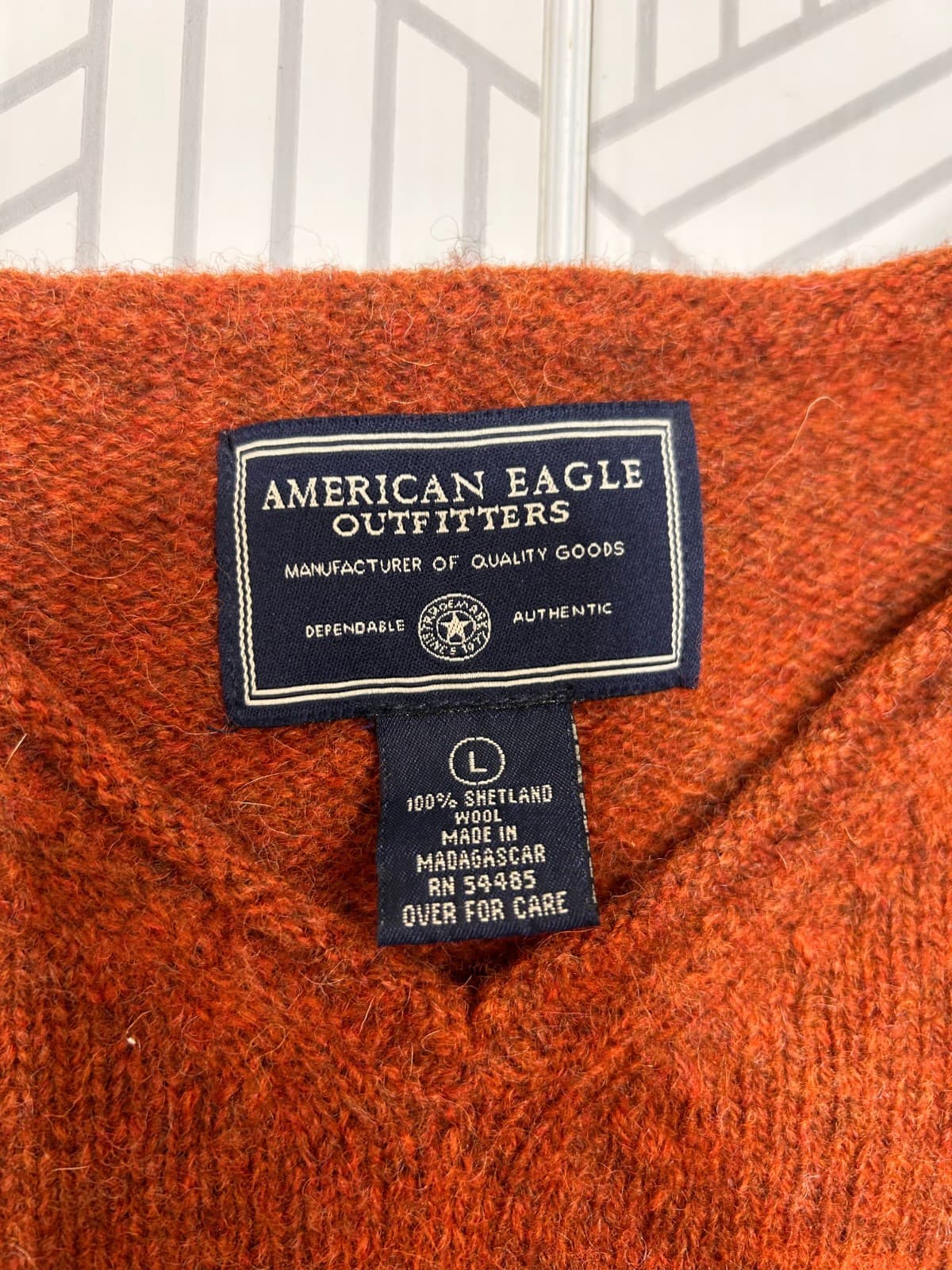 Vintage American Eagle Mens size L 100% Shetland Wool weater Rust Orange g - Thumbnail 8