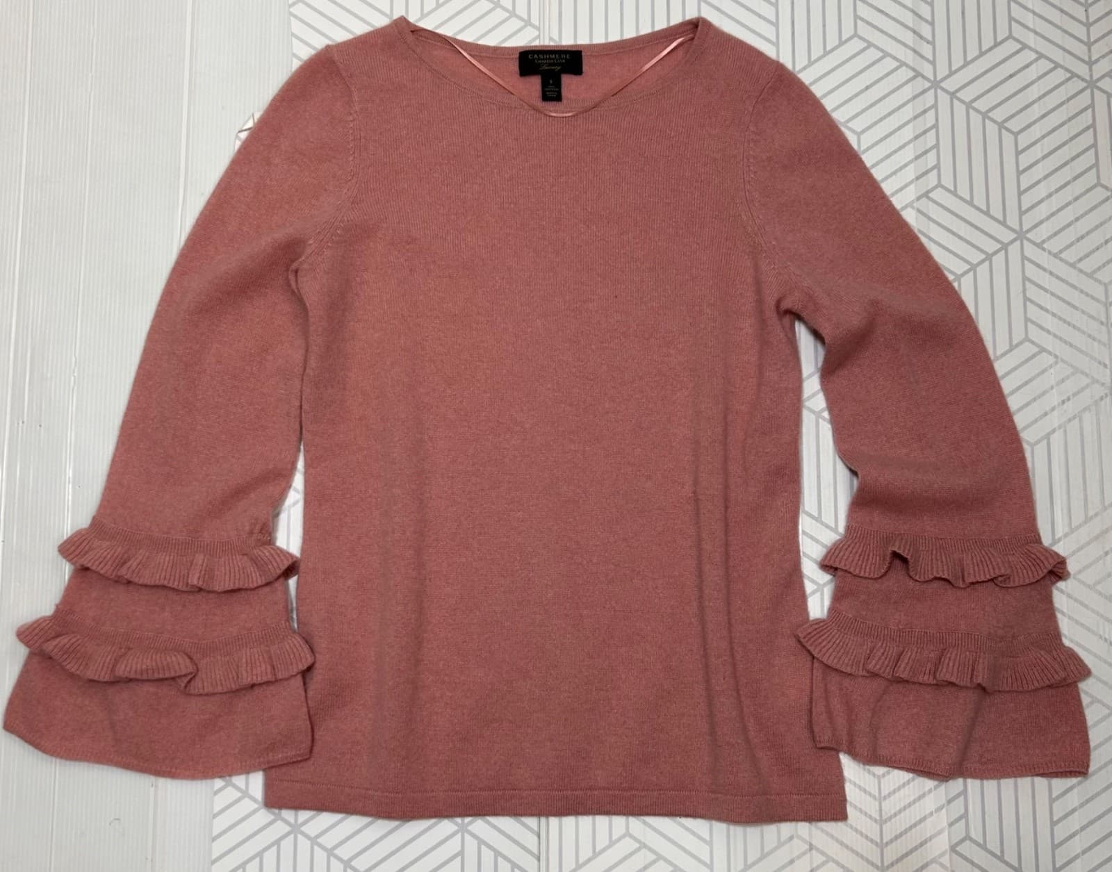 Charter Club Women's size S Cashmere Sweater Pink Ruffle Bell Sleeves Luxury d - Thumbnail 2