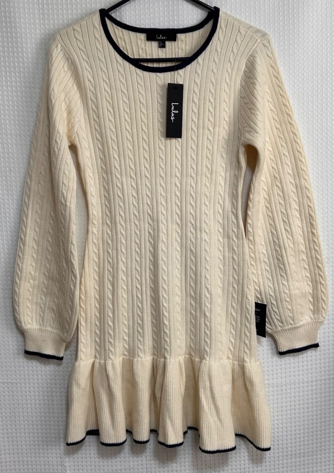 NEW Lulus Size L Cable Knit Coziest Poise Long Sleeve Sweater Mini Dress Ivory x - Thumbnail 4