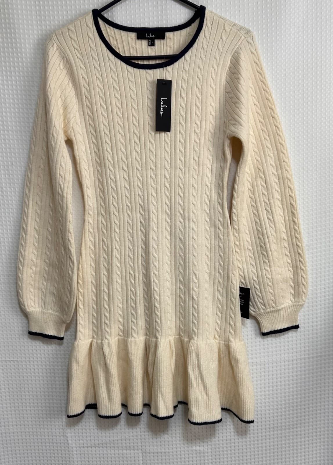 NEW Lulus Size L Cable Knit Coziest Poise Long Sleeve Sweater Mini Dress Ivory x - Thumbnail 8