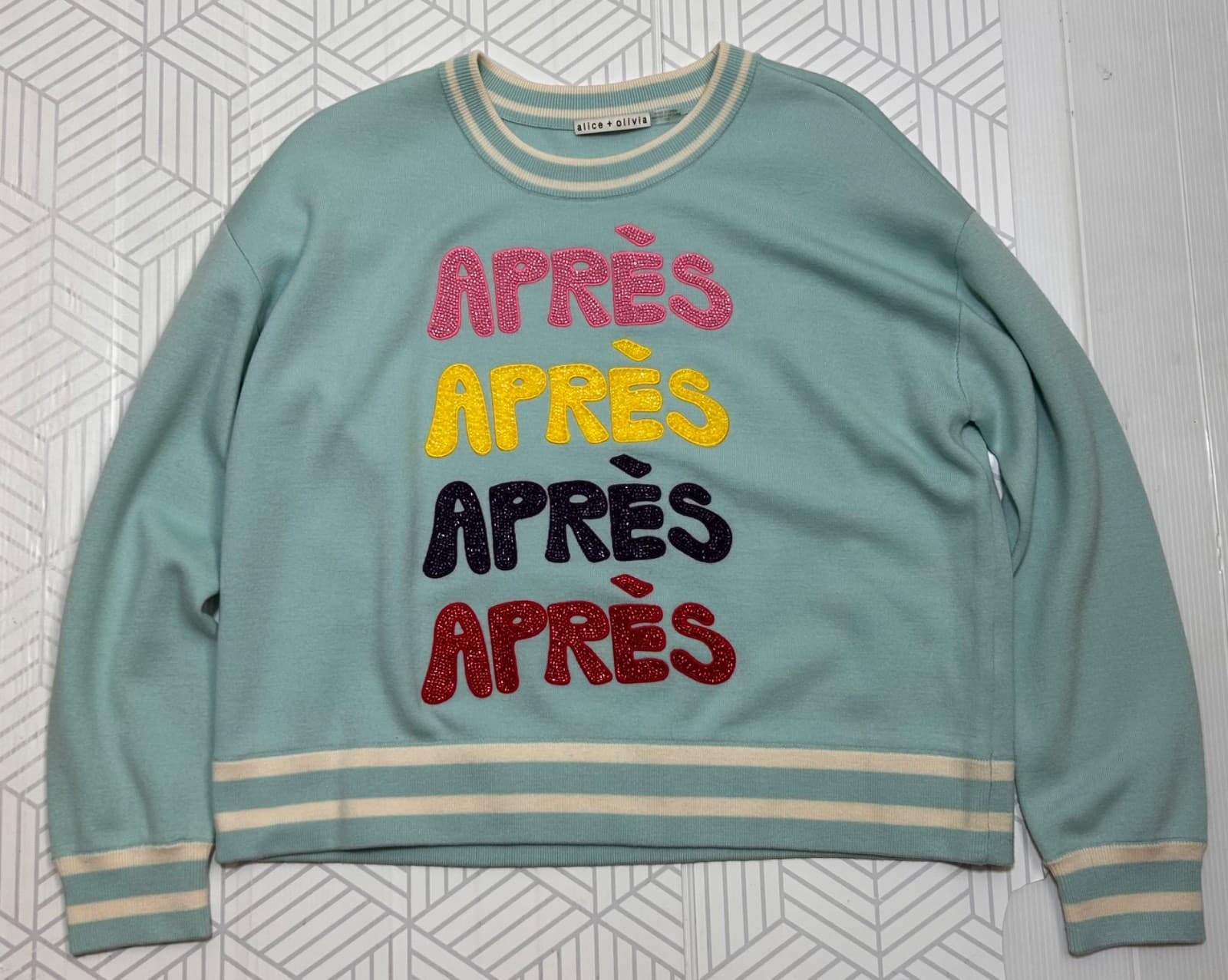 $495 Alice + Olivia size L Merino Wool Gleeson Apres Pullover Sweater Preppy a - Thumbnail 11