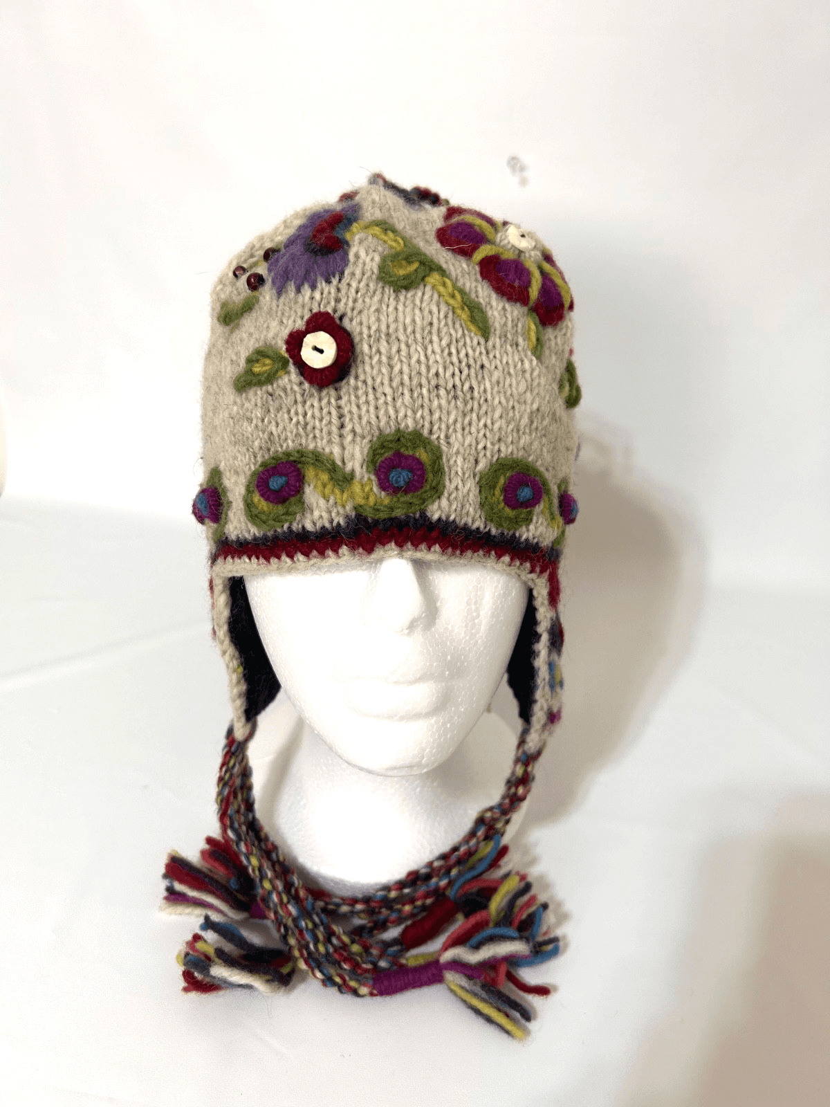 Newari Icelandic Design 100% Wool Knit Hat Ear Flaps Made in Nepal Women’s OS - Thumbnail 3