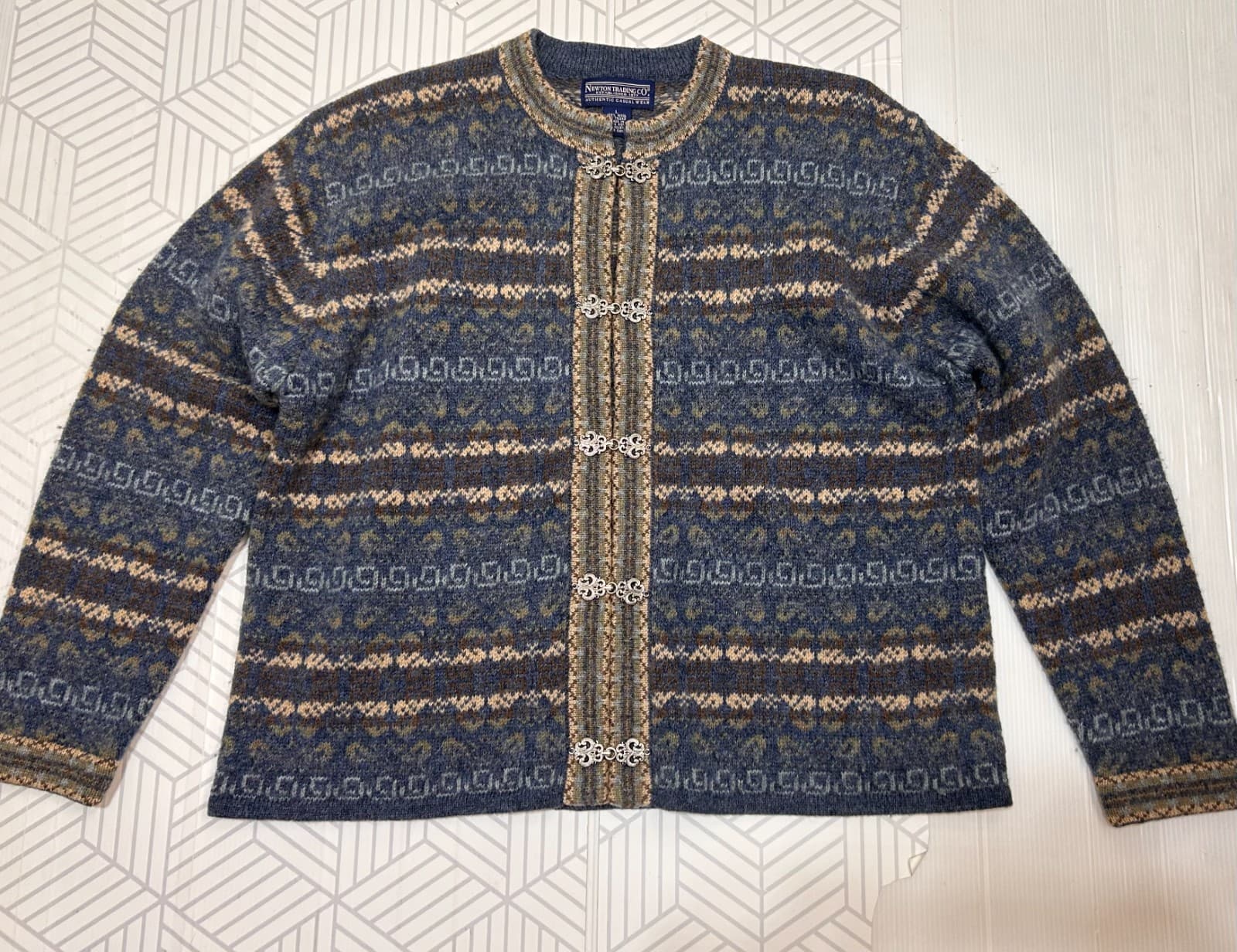 Newton Trading Cardigan Sweater Vintage Nordic Wool Blue Hook Eye A Size L - Thumbnail 13