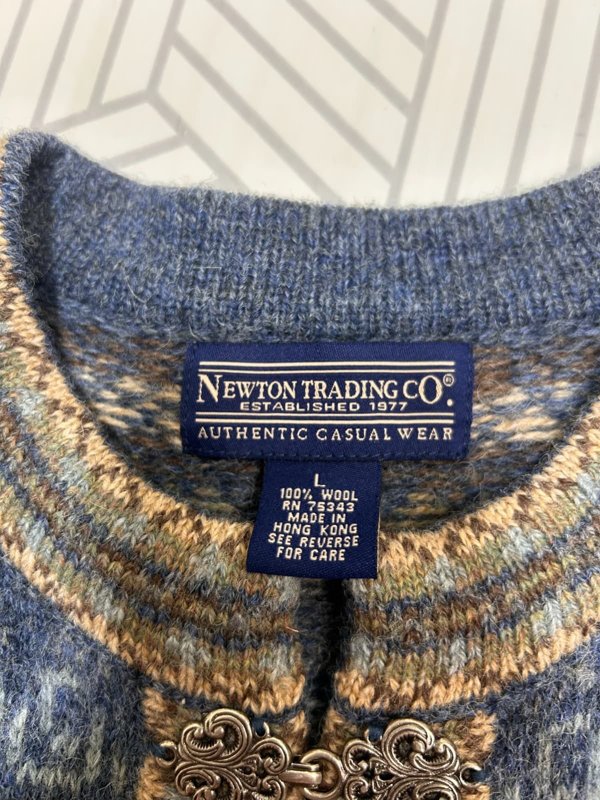 Newton Trading Cardigan Sweater Vintage Nordic Wool Blue Hook Eye A Size L - Thumbnail 11
