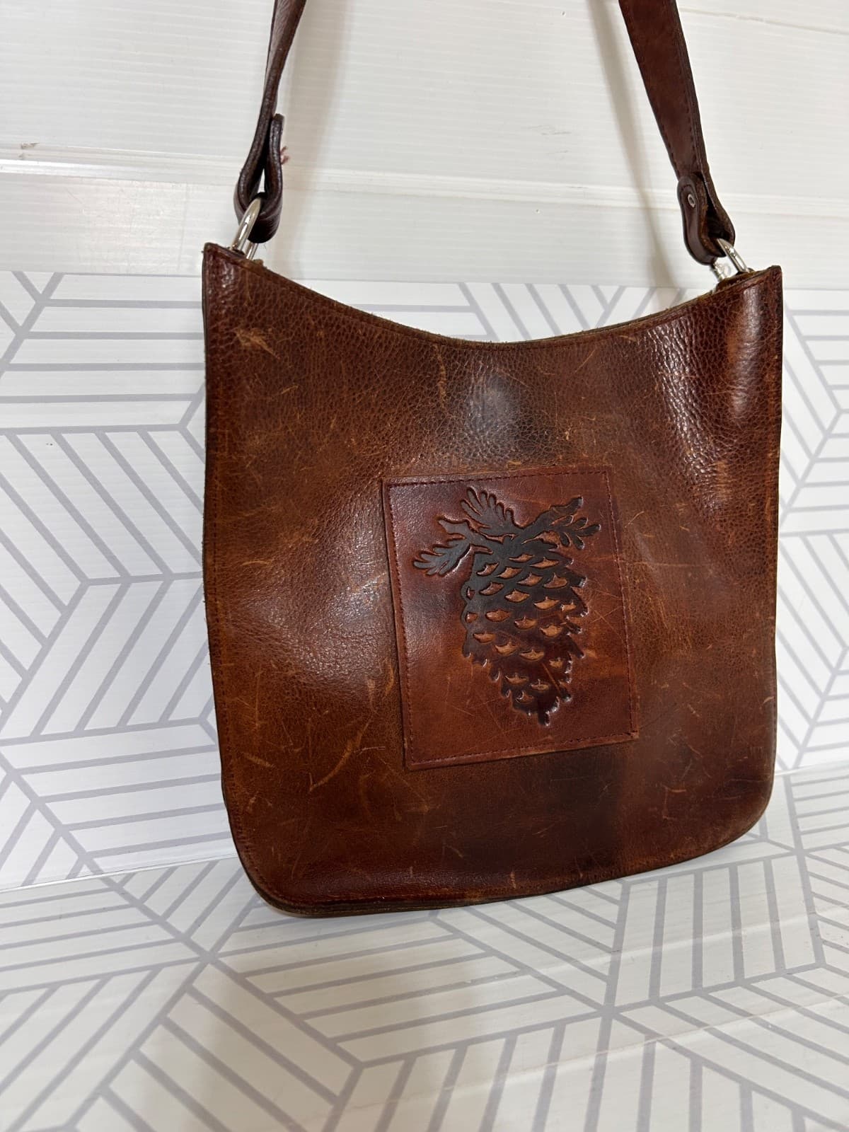 Two Bar West Leather Tooled Embossed Shoulder Bag Handmade Western Vintage - Thumbnail 17