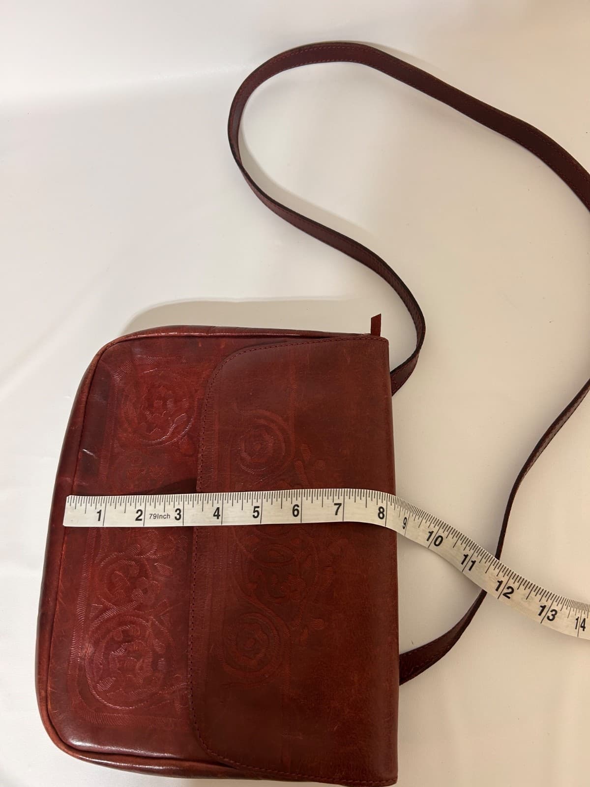 Vintage J.Crew Maroon Tooled Leather Embossed Floral Western Hand Bag Crossbody - Thumbnail 6