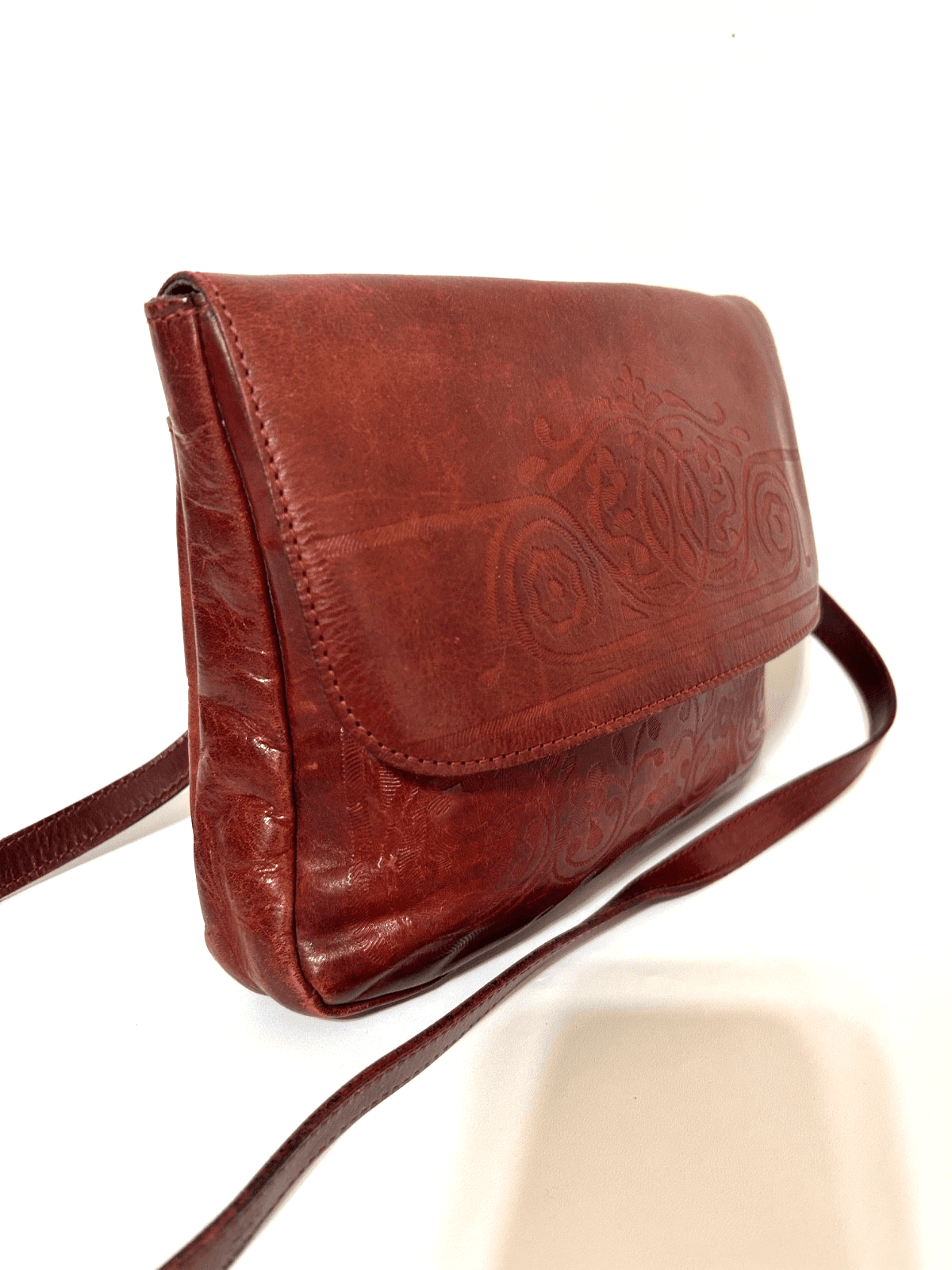 Vintage J.Crew Maroon Tooled Leather Embossed Floral Western Hand Bag Crossbody - Thumbnail 4