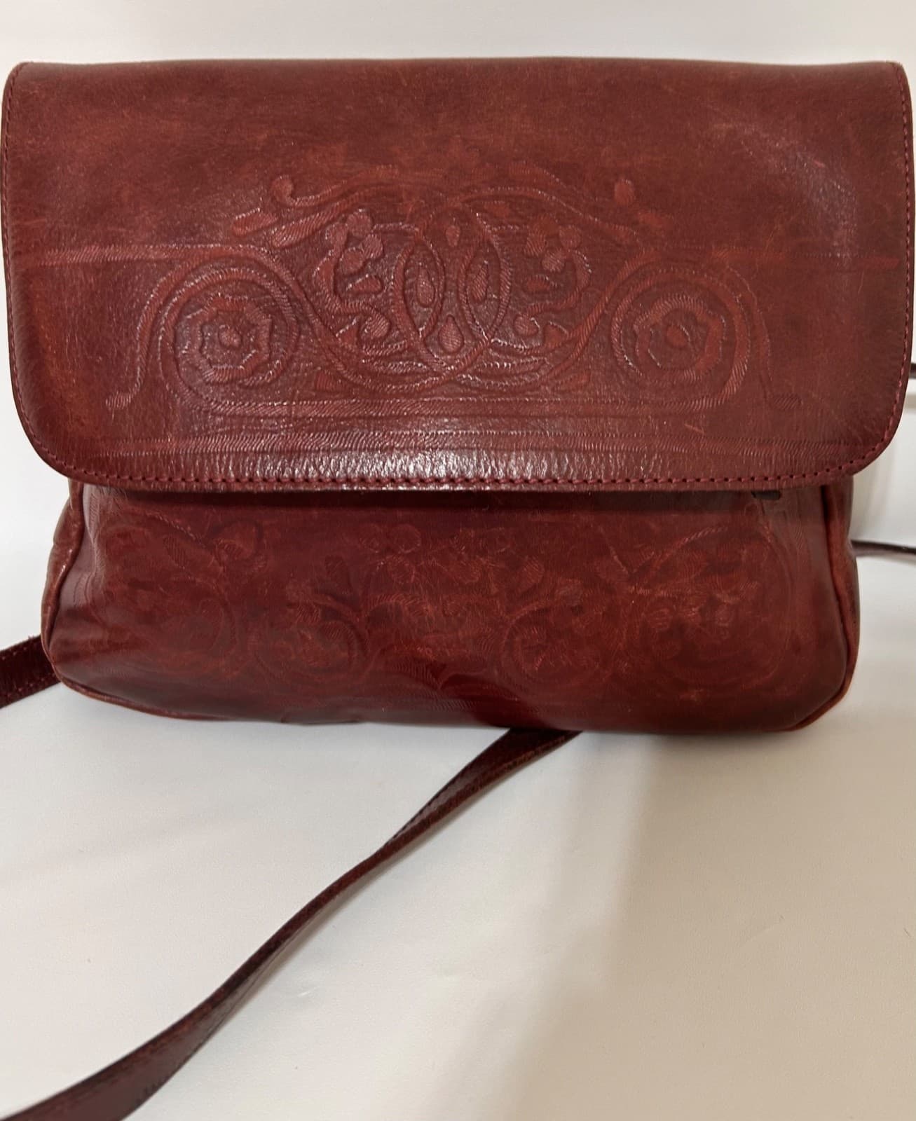 Vintage J.Crew Maroon Tooled Leather Embossed Floral Western Hand Bag Crossbody - Thumbnail 15