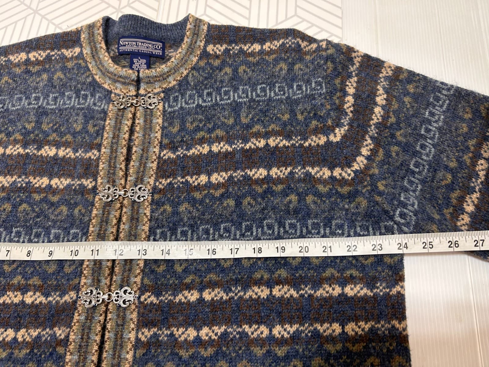 Newton Trading Cardigan Sweater Vintage Nordic Wool Blue Hook Eye A Size L - Thumbnail 9