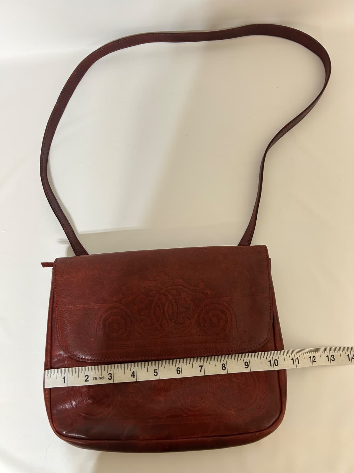 Vintage J.Crew Maroon Tooled Leather Embossed Floral Western Hand Bag Crossbody - Thumbnail 7
