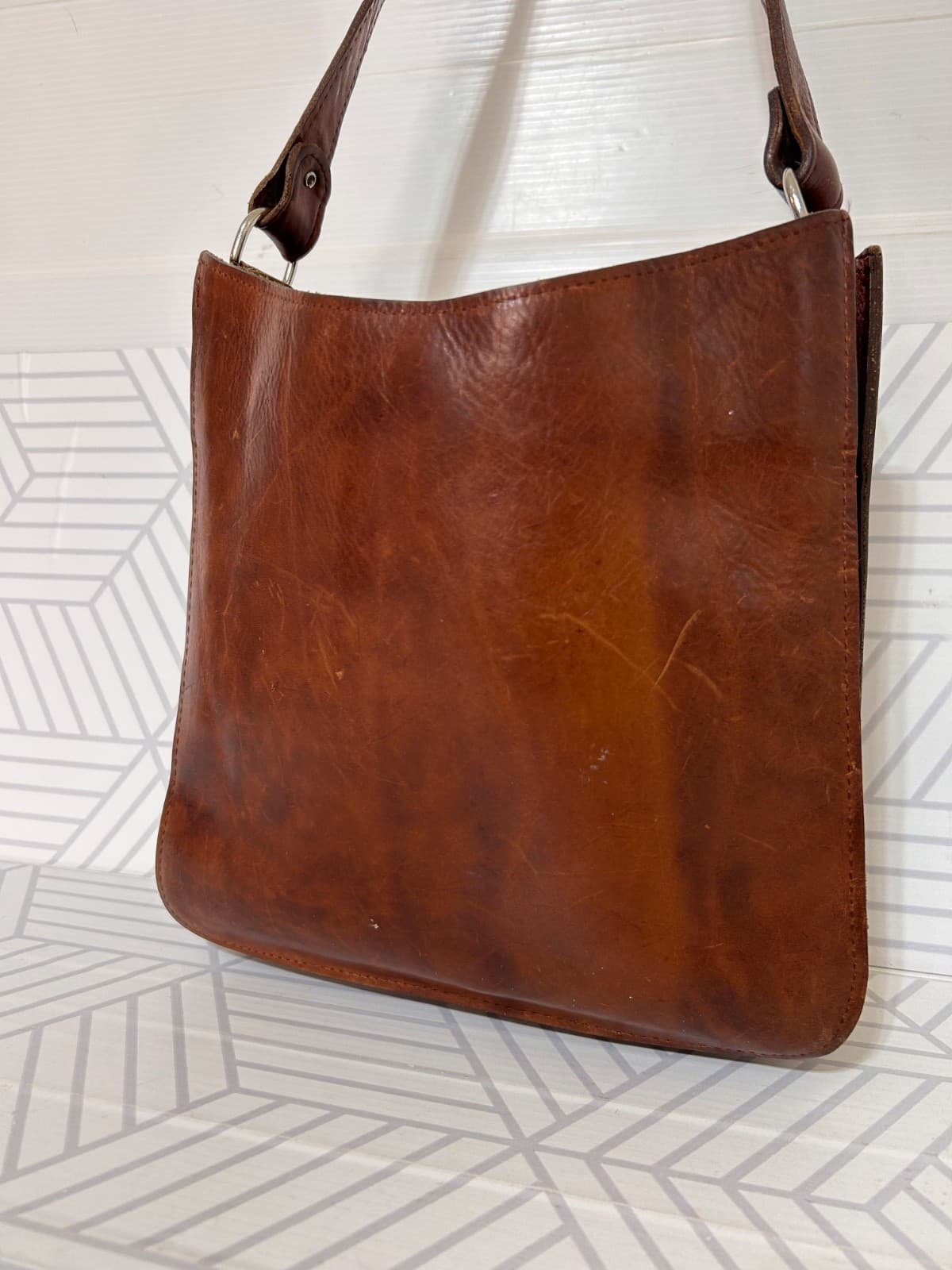 Two Bar West Leather Tooled Embossed Shoulder Bag Handmade Western Vintage - Thumbnail 5