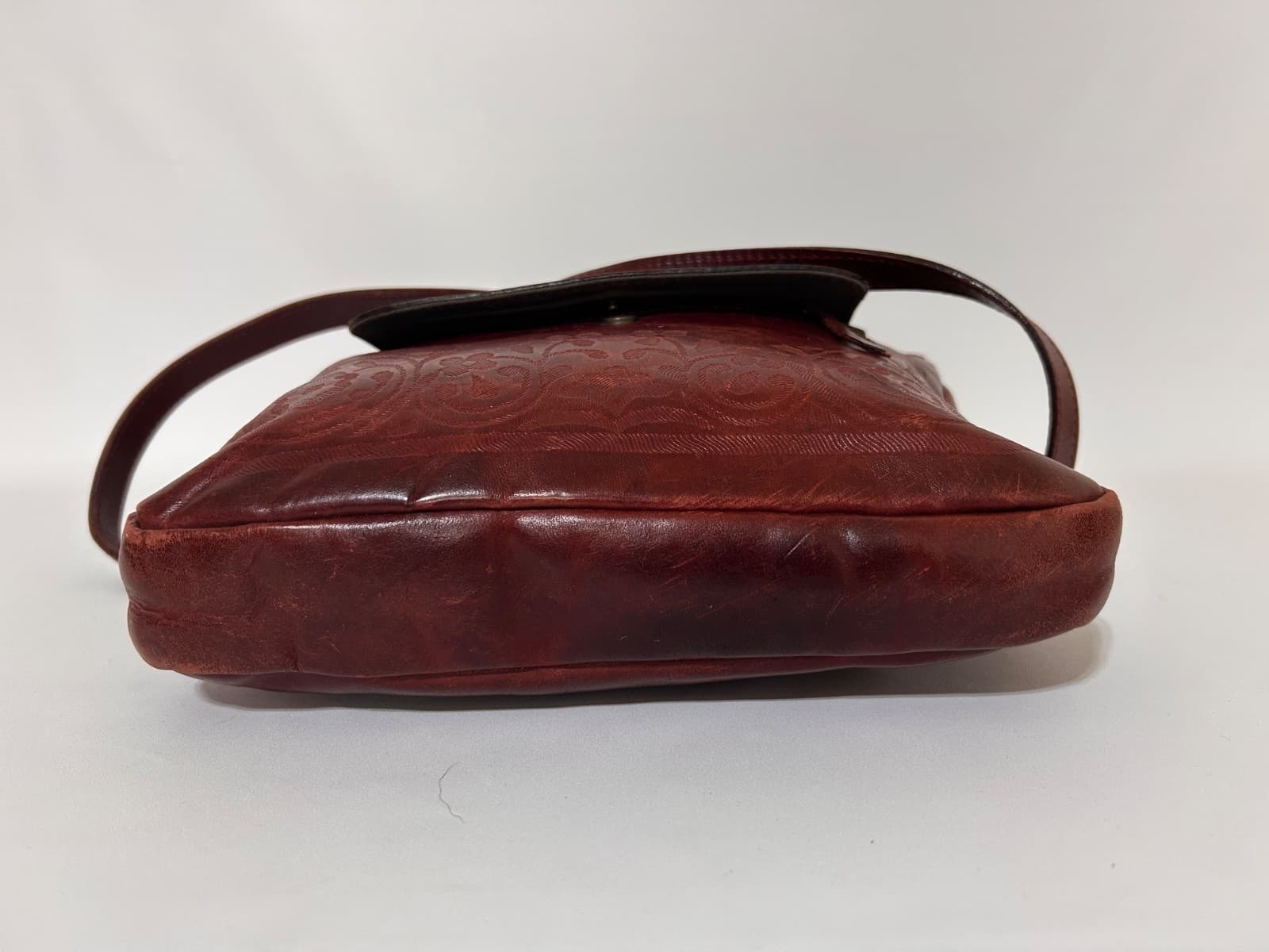 Vintage J.Crew Maroon Tooled Leather Embossed Floral Western Hand Bag Crossbody - Thumbnail 13